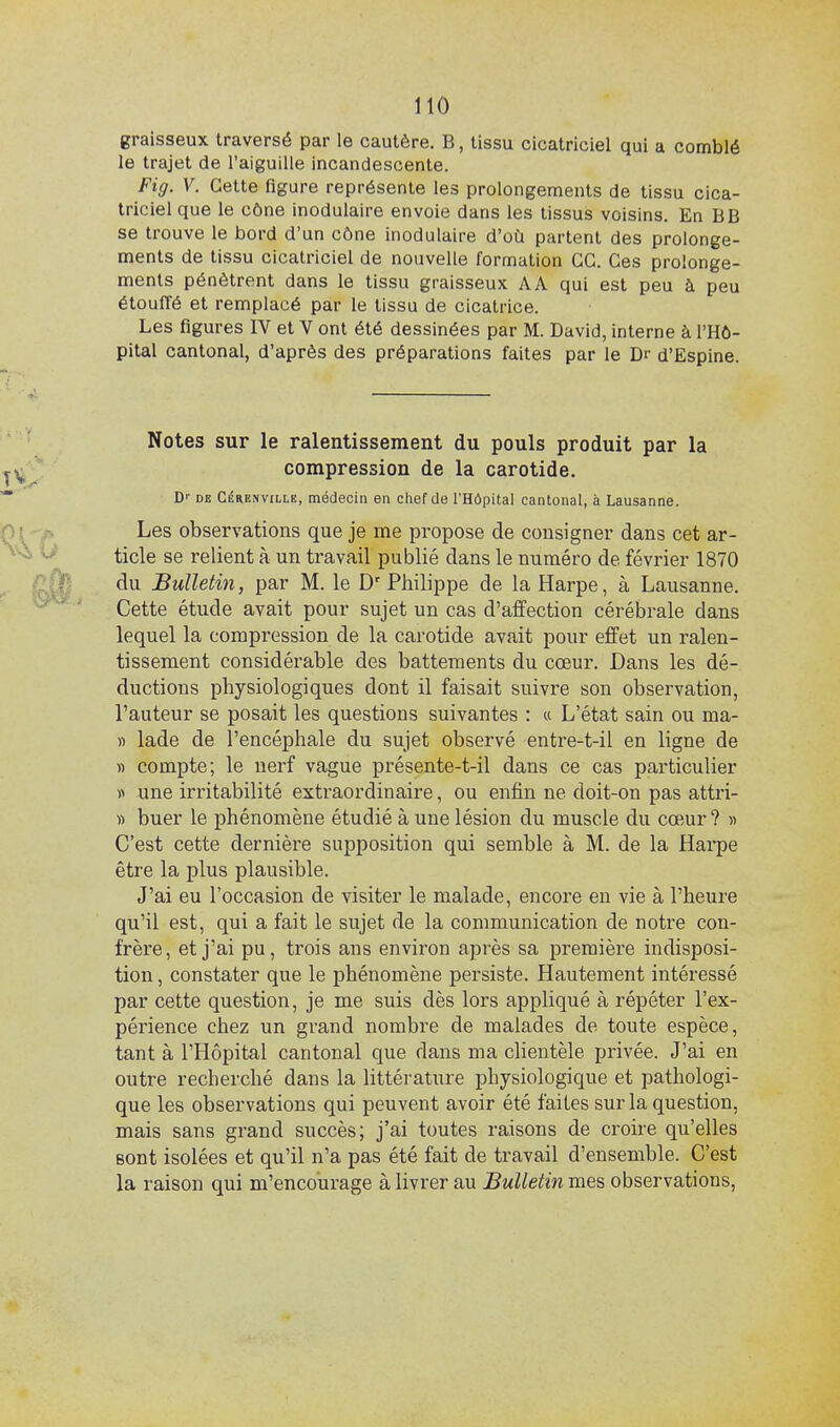 graisseux traversé par le cautère. B, tissu cicatriciel qui a comblé le trajet de l'aiguille incandescente. Fig. V. Cette figure représente les prolongements de tissu cica- triciel que le cône inodulaire envoie dans les tissus voisins. En BB se trouve le bord d'un cône inodulaire d'oïi partent des prolonge- ments de tissu cicatriciel de nouvelle formation GG. Ces prolonge- ments pénètrent dans le tissu graisseux A A qui est peu à peu étouffé et remplacé par le tissu de cicatrice. Les figures IV et V ont été dessinées par M. David, interne à l'Hô- pital cantonal, d'après des préparations faites par le Dr d'Espine. Notes sur le ralentissement du pouls produit par la compression de la carotide. D' DE CÉRENviLLE, oiédecin en chef de l'Hôpital cantonal, à Lausanne. Les observations que je me propose de consigner dans cet ar- ticle se relient à un travail publié dans le numéro de février 1870 du Bulletin, par M. le D^ Philippe de la Harpe, à Lausanne. Cette étude avait pour sujet un cas d'affection cérébrale dans lequel la compression de la carotide avait pour effet un ralen- tissement considérable des battements du cœur. Dans les dé- ductions physiologiques dont il faisait suivre son observation, l'auteur se posait les questions suivantes : « L'état sain ou ma- « lade de l'encéphale du sujet observé entre-t-il en ligne de » compte; le nerf vague présente-t-il dans ce cas particulier une irritabilité extraordinaire, ou enfin ne doit-on pas attri- « buer le phénomène étudié à une lésion du muscle du cœur? d C'est cette dernière supposition qui semble à M. de la Hai-pe être la plus plausible. J'ai eu l'occasion de visiter le malade, encore en vie à l'heure qu'il est, qui a fait le sujet de la communication de notre con- frère, et j'ai pu, trois ans environ après sa première indisposi- tion , constater que le phénomène persiste. Hautement intéressé par cette question, je me suis dès lors appliqué à répéter l'ex- périence chez un grand nombre de malades de toute espèce, tant à l'Hôpital cantonal que dans ma clientèle privée. J'ai en outre recherché dans la littérature physiologique et pathologi- que les observations qui peuvent avoir été faites sur la question, mais sans grand succès; j'ai toutes raisons de croire qu'elles sont isolées et qu'il n'a pas été fait de travail d'ensemble. C'est la raison qui m'encourage à livrer au Bulletin mes observations,