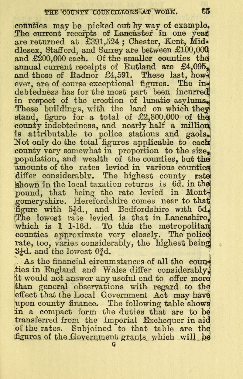 counties may be picked out by way of example. The current receipts of Lancaster m one yeai! are returned at £391,524 ; Chester, Kent, Mid-t dieses, Stafford, and Surrey are between £100,000 and £200,000 each. Of the smaller counties thej annual current receipts of Rutland are £4,095^ and those of Radnor £4,591. These last, how^ ever, are of course exceptional figures. The in-< debtedness has for the most part been incurrecjj in respect of the erection of lunatic asylumsj These buildings, with the land on which they stand, figure for a total of £2,800,000 of thej county indebtedness, and nearly half a millioi^ is attributable to police stations and gaols*] £Tot only do the total figures applicable to each^ county vary somewhat in proportion to the size^ population, and wealth of the counties, but thei amounts of the rates levied in various countiesj differ considerably. The highest county rate! jshown in the local taxation returns is 6d. in thaj pound, that being the rate levied in Mont^ igomeryshire. Herefordshire comes near to thatj figure with 5|d., and Bedfordshire with 5dj (The lowest rate levied is that in Lancashire] which is 1 l-16d. To this the metropolitan| counties approximate very closely. The police! rate, too, varies considerably, the highest beings _ As the financial circumstances of all tlie coxmi ties in England and Wales differ considerably^ it would not answer any useful end to offer morei [than general observations with regard to the| effect that the Local Government Act may have! upon county finance. The following table shows in a compact form the duties that are to be transferred from the Imperial Exchequer in aid of the rates. Subjoined to that table are the, ifigures. of theJaQYernment grants , which will _bjd SJd. and the lowest Of d. Q