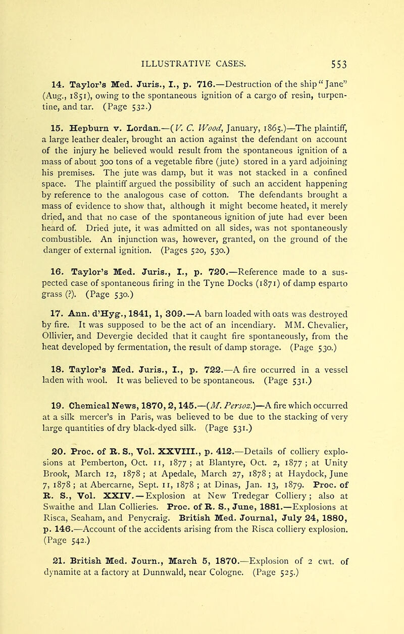 14. Taylor's Med. Juris., I., p. 716.—Destruction of the ship Jane (Aug., 1851), owing to the spontaneous ignition of a cargo of resin, turpen- tine, and tar. (Page 532.) 15. Hepburn v. Lordan.—(F. C. Wood, January, 1865.)—The plaintiff, a large leather dealer, brought an action against the defendant on account of the injury he believed would result from the spontaneous ignition of a mass of about 300 tons of a vegetable fibre (jute) stored in a yard adjoining his premises. The jute was damp, but it was not stacked in a confined space. The plaintiff argued the possibility of such an accident happening by reference to the analogous case of cotton. The defendants brought a mass of evidence to show that, although it might become heated, it merely dried, and that no case of the spontaneous ignition of jute had ever been heard of. Dried jute, it was admitted on all sides, was not spontaneously combustible. An injunction was, however, granted, on the ground of the danger of external ignition. (Pages 520, 530.) 16. Taylor's Med. Juris., I., p. 720.—Reference made to a sus- pected case of spontaneous firing in the Tyne Docks (1871) of damp esparto grass (?). (Page 530.) 17. Ann. d'Hyg., 1841, 1, 309.—A barn loaded with oats was destroyed by fire. It was supposed to be the act of an incendiary. MM. Chevalier, Ollivier, and Devergie decided that it caught fire spontaneously, from the heat developed by fermentation, the result of damp storage. (Page 530.) 18. Taylor's Med, Juris., I., p. 722.—A fire occurred in a vessel laden with wool. It was believed to be spontaneous. (Page 531.) 19. Chemical News, 1870, 2,145.—(Af. Fersoz.)—A fire which occurred at a silk mercer's in Paris, was believed to be due to the stacking of very large quantities of dry black-dyed silk. (Page 531.) 20. Proc. of R. S., Vol. XXVIII., p. 412.—Details of colliery explo- sions at Pemberton, Oct. 11, 1877; at Blantyre, Oct. 2, 1877; at Unity Brook, March 12, 1878; at Apedale, March 27, 1878; at Haydock, June 7, 1878 ; at Abercarne, Sept. 11, 1878 ; at Dinas, Jan. 13, 1879. Proc. of R. S., Vol. XXIV. — Explosion at New Tredegar Colliery; also at Swaithe and Llan Collieries. Proc. of R. S., June, 1881.—Explosions at Risca, Seaham, and Penycraig. British. Med. Journal, July 24, 1880, p. 146.—Account of the accidents arising from the Risca colliery explosion. (Page 542.) 21. British Med. Journ., March 5, 1870.—Explosion of 2 cwt. of dynamite at a factory at Dunnwald, near Cologne. (Page 525.)