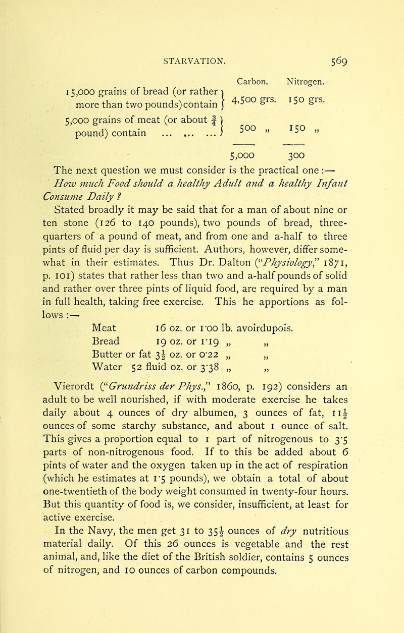 15,000 grains of bread (or rather ) ^ J \ <- • f 4i500 grs. 150 grs. more than two pounds)contain j ^'-^ » » Carbon. Nitrogen. 5,000 grains of meat (or about pound) contain 500 „ 150 5,000 300 The next question we must consider is the practical one:— Hozu much Food should a healthy Adult and a healthy Infant Consiune Daily ? Stated broadly it may be said that for a man of about nine or ten stone (126 to 140 pounds), two pounds of bread, three- quarters of a pound of meat, and from one and a-half to three pints of fluid per day is sufficient. Authors, however, differ some- what in their estimates. Thus Dr. Dalton (^'Physiology 1871, p. lOi) states that rather less than two and a-half pounds of solid and rather over three pints of liquid food, are required by a man in full health, taking free exercise. This he apportions as fol- lows :— Meat 16 oz. or roo lb. avoirdupois. Bread 19 oz. or I'I9 „ „ Butter or fat oz. or 0'22 „ „ Water 52 fluid oz. or 3-38 „ „ Vierordt Q^Grundriss der Phys.^' i860, p. 192) considers an adult to be well nourished, if with moderate exercise he takes daily about 4 ounces of dry albumen, 3 ounces of fat, 11J ounces of some starchy substance, and about i ounce of salt. This gives a proportion equal to i part of nitrogenous to 35 parts of non-nitrogenous food. If to this be added about 6 pints of water and the oxygen taken up in the act of respiration (which he estimates at i5 pounds), we obtain a total of about one-twentieth of the body weight consumed in twenty-four hours. But this quantity of food is, we consider, insufficient, at least for active exercise. In the Navy, the men get 31 to 35I ounces of dry nutritious material daily. Of this 26 ounces is vegetable and the rest animal, and, like the diet of the British soldier, contains 5 ounces of nitrogen, and 10 ounces of carbon compounds.