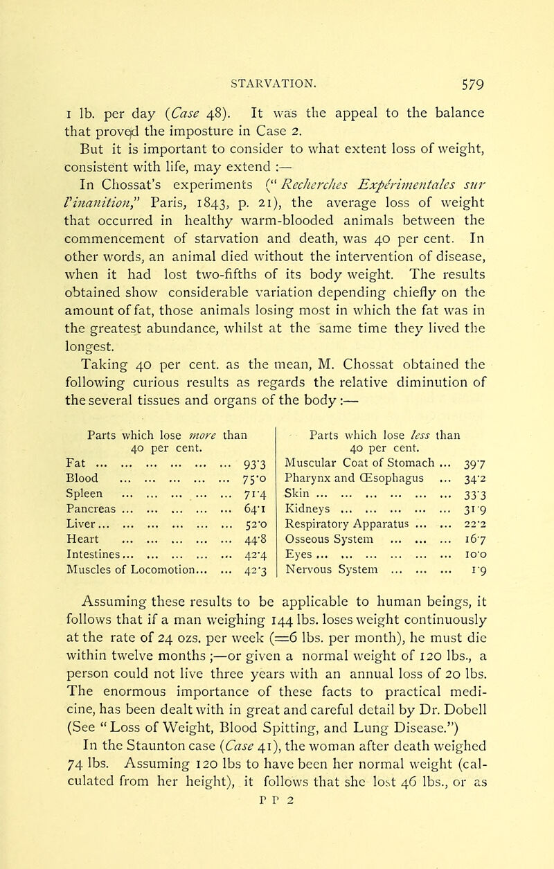 I lb. per day {Case 48). It was the appeal to the balance that prove/d the imposture in Case 2. But it is important to consider to what extent loss of weight, consistent with life, may extend :— In Chossat's experiments ( RecJicrches Experimentales sur rinanition, PariSj 1843, p. 21), the average loss of weight that occurred in healthy warm-blooded animals between the commencement of starvation and death, was 40 per cent. In other words, an animal died without the intervention of disease, when it had lost two-fifths of its body weight. The results obtained show considerable variation depending chiefly on the amount of fat, those animals losing most in which the fat was in the greatest abundance, whilst at the same time they lived the longest. Taking 40 per cent, as the mean, M. Chossat obtained the following curious results as regards the relative diminution of the several tissues and organs of the body :— Parts which lose ?nore than 40 per cent. Fat •• 93'3 Blood .. 75-0 Spleen ... ... 71-4 Pancreas ... 64'i Liver ... 52'0 Heart ... 44-8 Intestines ... 42-4 Muscles of Locomotion... ... 42-3 Parts which lose less than 40 per cent. Muscular Coat of Stomach ... 397 Pharynx and Qlsophagus ... 34'2 Skin 33-3 Kidneys 31 9 Respiratory Apparatus 222 Osseous System 167 Eyes 100 Nervous System vg Assuming these results to be applicable to human beings, it follows that if a man weighing 144 lbs. loses weight continuously at the rate of 24 ozs. per week (=6 lbs. per month), he must die within twelve months ;—or given a normal weight of 120 lbs., a person could not live three years with an annual loss of 20 lbs. The enormous importance of these facts to practical medi- cine, has been dealt with in great and careful detail by Dr. Dobell (See  Loss of Weight, Blood Spitting, and Lung Disease.) In the Staunton case {Case 41), the woman after death weighed 74 lbs. Assuming 120 lbs to have been her normal weight (cal- culated from her height), it follows that she lo.st 46 lbs., or as r r 2