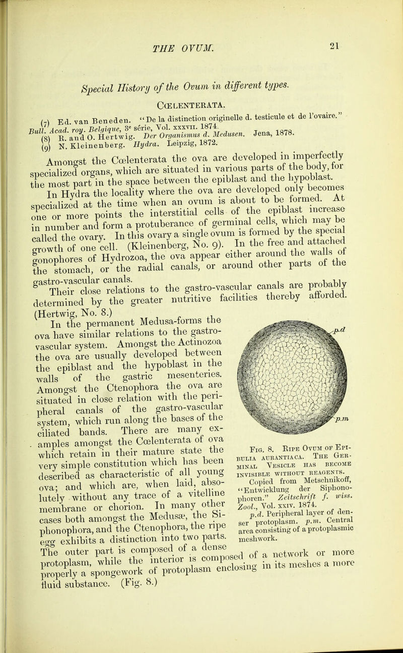 Special History of the Ovum in different types. CCELENTERATA. (7) Ed van Beneden. -De la distinction originelle d. testicule et de I'ovaire. Bull Acad. roy. Belqique, s6rie, Vol. xxxvii. 1874. 8^ R and 0. Hertwig. Der Organismus d. Medusen. Jena, 1878. (9) N. Kleinenberg. Hydra. Leipzig, 1872. Amongst the Coelenterata the ova are developed in imperfectly snectdized organs, which are situated in various parts of the body for tC most part in the space between the epiblast and the hypoblast. iTHyd'a the locality where the ova are developed only becomes sneciahW at the time when an ovum is about to be formed. At o^e points the interstitial cells of the epibk^ ^crease in nuXer and form a protuberance of germmal cells which may be called^he ovary. In this ovary a single ovum is formed by t^e special trM^^^ (KleinenLg, No. 9). . ^^^^^^^ ^1^^^^^^^^ lononhores of Hydrozoa, the ova appear either ^^^^ ^1^^^. , the stomach, or the radial canals, or around other parts of the nLTctrrTlat^^ to the gastro-vascular canals are probably determined by the greater nutritive facilities thereby afforded. (Hertwig, No. §•) , , ^ In the permanent Medusa-forms the ova have similar relations to the gastro- vascular system. Amongst the Actmozoa the ova are usually developed between the epiblast and the hypoblast in the walls of the gastric mesenteries. Amongst the Ctenophora the ova are situated in close relation with the peri- pheral canals of the gastro-vascular system, which run along the bases of the cihated bands. There are many ex- . amples amongst the Coelenterata ot ova which retain in their mature state the very simple constitution which has been described as characteristic of all young ova; and which are, when laid, abso- lutely without any trace of a vitelline membrane or chorion. In many other cases both amongst the Medusae, the bi- phonophora,and the Ctenophora, the ripe eo-g exhibits a distinction into two parts. The outer part is composed of a dense network or more protoplasm, while the interior is composed ot ^^^^ ^ ^^^^ properly a spongework of protoplasm enclosing m tluid substance. (Fig. 8.) EiG. 8. Ripe Ovum of Epi- BUWA AURANTIACA. ThB GeB- MiNAL Vesicle has become INVISIBLE WITHOUT REAGENTS. Copied from Metschnikoff, Entwicklung der Siphono- phoren. Zeitschrift f. wiss. Zool, Vol. XXIV. 1874. p.d. Peripheral layer ot den- ser protoplasm, p.vi. Central area consisting of a protoplasmic meshwork.