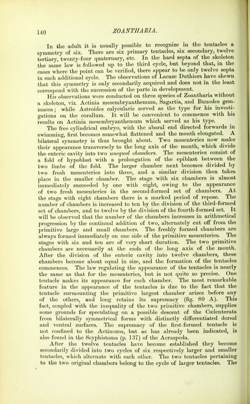 In the adult it is usually possible to recognize in the tentacles a symmetry of six. There are six primary tentacles, six secondary, twelve tertiary, twenty-four quaternary, etc. In the hard septa of the skeleton the same law is followed up to the third cycle, but beyond that, in the cases where the point can be verified, there appear to be only twelve septa in each additional cycle. The observations of Lacaze Duthiers have shewn that this symmetry is only secondarily acquired and does not in the least correspond with the succession of the parts in development. His observations were conducted on three species of Zoantharia without a skeleton, viz. Actinia mesembryanthemum, Sagartia, and Bunodes gem- macea; while Astroides calycularis served as the type for his investi- gations on the corallum. It will be convenient to commence with his results on Actinia mesembryanthemum which served as his type. The free cylindrical embryo, with the aboral end directed forwards in swimming, first becomes somewhat flattened and the mouth elongated. A bilateral symmetry is thus brought about. Two mesenteries now make their appearance transversely to the long axis of the mouth, which divide the enteric cavity into two unequal cha7nbers. The mesenteries consist of a fold of hypoblast with a prolongation of the epiblast between the two limbs of the fold. The larger chamber next becomes divided by two fresh mesenteries into three, and a similar division then takes place in tlie smaller cham})er. The stage with six chambers is almost immediately succeeded by one with eight, owing to the appearance of two fresh mesenteries in the second-formed set of chambers. At the stage with eight chambers there is a marked period of repose. The number of chambers is increased to ten by the division of the third-formed set of chambers, and to twelve by the division of the fourth-formed set. It will be observed that the number of the chambers increases in arithmetical progression by the continual addition of two, alternately cut off from the primitive large and small chambers. The freshly formed chambers are always formed immediately on one side of the primitive mesenteries. The stages with six and ten are of very short duration. The two primitive chambers are necessarily at the ends of the long axis of the mouth. After the division of the enteric cavity into twelve chambers, these chambers become about equal in size, and the formation of the tentacles commences. The law regulating the appearance of the tentacles is nearly the same as that for the mesenteries, but is not quite so precise. One tentacle makes its appearance for each chamber. The most remarkable feature in the appearance of the tentacles is due to the fact that the tentacle surmounting the primitive largest chamber arises before any of the others, and long retains its supremacy (fig. 80 A). This fact, coupled with the inequality of the two primitive chambers, supplies some grounds for speculating on a possible descent of the Coelenterata from bilaterally symmetrical forms with distinctly differentiated dorsal and ventral surfaces. The su{)remacy of the first-formed tentacle is not confined to the Actinozoa, but as has already been indicated, is also found in the Scyphistoma (p. 137) of the Acraspeda. After the twelve tentacles have become established they become secondarily divided into two cycles of six respectively larger and smaller tentacles, which alternate with each other. The two tentacles pertaining to the two original chambers belong to the cycle of larger tentacles. The