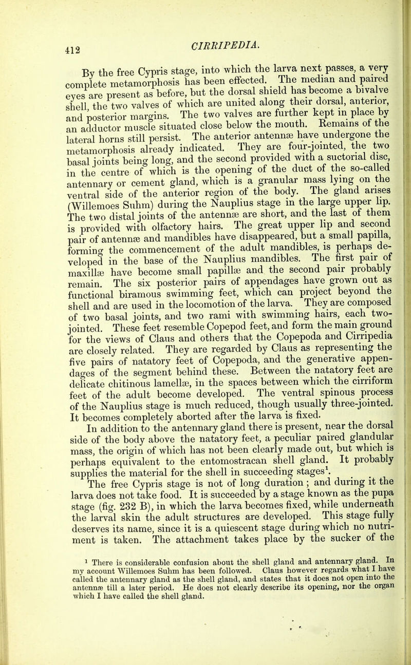 Bv the free Cypris stage, into which the larva next passes, a very complete metamorphosis has been effected The median and paired eves are present as before, but the dorsal shield has become a bivalve shell the two valves of which are united along their dorsal, anterior, and posterior margins. The two valves are further kept in place by an adductor muscle situated close below the mouth. Remains ot the lateral horns still persist. The anterior antennae have undergone the metamorphosis already indicated. They are four-jomted the two basal joints being long, and the second provided with a suctorial disc in the centre of which is the opening of the duct of the so-called antennary or cement gland, which is a granular mass lying on the ventral side of the anterior region of the body. The gland arises (Willemoes Suhm) during the Nauplius stage m the large upper lip. The two distal joints of the antennse are short, and the last of them is provided with olfactory hairs. The great upper lip and second pair of antenna and mandibles have disappeared, but a small papilla, formino- the commencement of the adult mandibles, is perhaps de- veloped in the base of the Nauplius mandibles. The first pair of maxiUse have become small papillae and the second pair probably remain. The six posterior pairs of appendages have grown out as functional biramous swimming feet, which can project beyond the shell and are used in the locomotion of the larva. They are composed of two basal joints, and two rami with swimming hairs, each two- jointed. These feet resemble Copepod feet, and form the mam ground for the views of Claus and others that the Copepoda and Cirripedia are closely related. They are regarded by Claus as representing the five pairs of natatory feet of Copepoda, and the generative appen- dages of the segment behind these. Between the natatory feet are delicate chitinous lamellae, in the spaces between which the cirriform feet of the adult become developed. The ventral spinous process of the Nauplius stage is much reduced, though usually three-jointed. It becomes completely aborted after the larva is fixed. In addition to the antennary gland there is present, near the dorsal side of the body above the natatory feet, a pecuhar paired glandular mass, the origin of which has not been clearly made out, but which is perhaps equivalent to the entomostracan shell gland. It probably supplies the material for the shell in succeeding stages'. The free Cypris stage is not of long duration; and during it the larva does not take food. It is succeeded by a stage known as the pupa stage (fig. 232 B), in which the larva becomes fixed, while underneath the larval skin the adult structures are developed. This stage fully deserves its name, since it is a quiescent stage during which no nutri- ment is taken. The attachment takes place by the sucker of the 1 There is considerable confusion about the shell gland and antennary gland. In my account Willemoes Suhm has been followed. Claus however regards what I have called the antennary gland as the shell gland, and states that it does not open mto the antennae till a later period. He does not clearly describe its opening, nor the organ which I have called the shell gland.