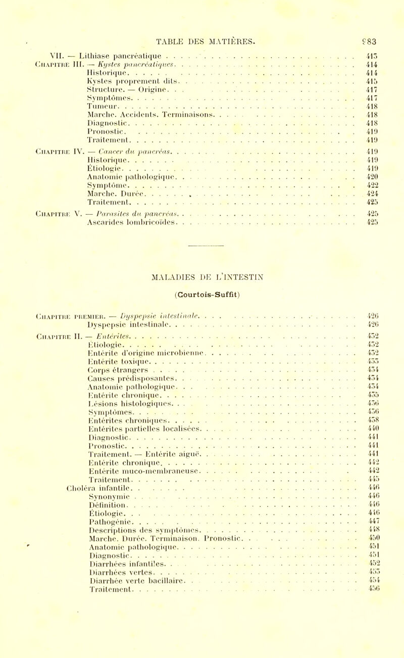 VII. — Lithiase pancréatique 415 Chapitre III. — Kijstes panr.réaliques 414 Historifjuc 414 Kystes proprenient dits 415 Structure.— Oriij;iiio. . . 417 Symptômes 417 Tumeur 418 Marche. Accidents. Terminaisons 418 Diagnostic 418 Pi'onostic 41!) Traitement 419 CuAPiTm: IV. — Cancer du panrrctis 410 lIistori(|ue 410 Étiologie 410 Anatomie patliologi(|ue 420 Symptôme 422 Marche. Durée .... 424 Traitement 425 CuAPiTniî V. — Paragilcs du pancréas 425 Ascarides lominicoïdcs 425 MALADIES DE L'INTESTIN (Gourtois-Suffit) CiiAPiTiŒ PREMIER. — Djjspcpste iittcsliiialc • 420 Dyspepsie intestinale 420 Chapitre II. — Entcriles 452 1-^tiologic 452 Entérite d'origine microbienne 452 Entérite toxique 455 Corps étrangers 454 Causes préilisposantes 454 Anatomie palhologiipie 454 l']ntérite chronique 455 Lésions histologiques 450 Symptômes 450 filntérites chroniipies 458 Entérites partielles localisées 440 Diagnostic 441 Pronostic 441 Traitement. — l']ntéritc aigtie 441 Entérite chronique. 442 Entérite muco-meml>iancuse. . 442 Traitement 445 Choléra infantile 440 Synonymie 440 Définition 440 Étiologie 4Î0 Pathogénie 447 Descriptions des synq)tômes • . 448 Marche. Durée. Terminaison. Pronostic 450 Anatomie pathologique 451 Diagnostic '551 Diarrhées infantiles. . 452 Diarrhées vertes 455 Diarrhée verte bacillaire 454 Traitement 4.50