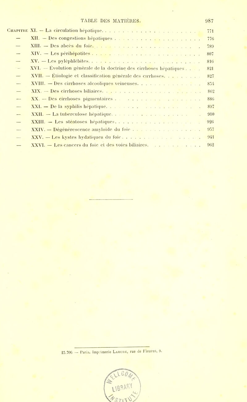 Chapitre XI. — La circulalion hépaliquo 771 — XII. — Des congestions hépaliquos 776 — XIII. — Des abcès du foie. . . 789 — XIV. — Les pcrihépatites 807 — XV. — Les pyléphlébites 81(> XVI. — Évolution générale delà doctrine des cirrhoses hépatiques. . 821 — XVII. — Étiologic et classification générale des cu-rhoses 827 — XVII1. — Des cirrhoses alcooliques veineuses 854 — XIX. — Des cii'rhoses biliaires ...... 862 ~ XX. — Des cirrhoses piguientaires . 886 — XXI. — De la syphilis hépatique 897 — XXII. — La tuberculose hépatique . 910 — XXIII. — Les stéatoses hépatiques 920 — XXIV. — Dégénérescence amyloïde du l'oie 937 — XXV. — Les kystes hydatiques du foie 941 — XXVI. — Les cancers du foie et des voies biliaires 962 25.700 — Paris. Impi'imerio Laiiure, rue de Fleurus, 9.