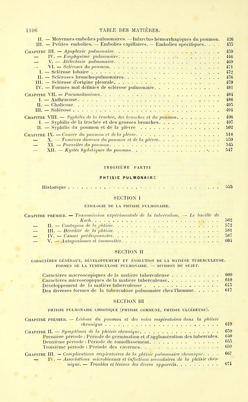 II. — Moyennes embolies pulmonaires. — Infarctus hémorrhagiques du poumon. 4'iG III. — Pclitcs embolies. — Embolies capillaires. — Embolies spécifiques. . . . 455 Chapitre III. — Apoplexie pulmonaire 459 — IV. — Emphysème pulmonaire 446 — V. — Atélectasie pulmonaire 409 —• VI. — Scléroses du poumon ... 471 I. — Sclérose lobaire 472 II. — Scléroses broncho-puhiionaires 476 III. — Sclérose d'origine pleurale 479 IV. — Formes mal définies de sclérose pulmonaire 481 Chapitre VII. — Pneumokonioses 484 I. — Anthracose 486 II. — Chalicosc 495 III. — Sidérose 494 Chapitre VIII. — Syphilis de la trachée, des bronches et du poumon 496 I. — Syphilis de la trachée et des grosses bronches 497 II. — Sy]ihilis du poumon et de la plèvre 502 Chapitre IX. — Cancer du poumon et de la plèvre = 518 — X. — Tumeurs diverses du poumon et de la plèvre 559 — XI. — Parasites du poumon 545 — XII. — Kystes hydaliques du poumon. ■«. . . 547 TROISIÈME PARTIE PHTISIE PULMONAIRE! Historique 555 SECTION I ÉTIOLOGIE DE LA PHTISIE PULMONAIRE. Chapitre premier. — Transmission expérimentale de la tuberculose. —■ Le bacille de Koch 562 — II. — Contagion de la phtisie 572 — III. — Hérédité de la phtisie 581 — IV. — Causes prédisposantes 587 — V. — Antagonismes et immunités 604 SECTION II caractères généraux, développememt et évolution de la matière tuderculeuse. FORMES de la TUBERCULOSE PULMONAIRE. — DIVISION DU SUJET. Caractères macroscopiques de la matière tuberculeuse 609 Caractères microscopiques delà matière tuberculeuse filO Développement de la matière tuberculeuse 615 Des diverses formes de la tuberculose pulmonaire chez l'homme 617 SECTION III PHTISIE PULMONAIRE CHRONIQUE (PHTISIE COMMUNE, PHTISIE ULCÉREUSE). Chapitre premier. — Lcsioiis du poumon et des voies respiratoires dans la phtisie chronique 019 Chapitre II. —■ Symptômes de la phtisie chronique 059 Première période : Période de germination et d'agglomération des tubercules. 640 Deuxième période : Période de ramollissement 055 Troisième période : Période des cavernes. .... C59 Chapitre III. — Complications respiratoires de la phtisie pulmonaire chronique. . ■ ■ 007 — IV. — Associations microbiennes et infections secondaires de la phtisie chro- nique. — Troubles et lésions des divers appareils 674