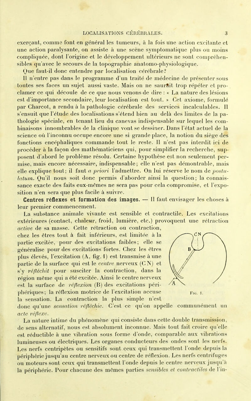 exerçant, comme font en général les tumeurs, à la fois une action excitante et une action paralysante, on assiste à une scène symptomatique plus ou moins compliquée, dont l'origine et le développement ultérieurs ne sont compréhen- sibles qu'avec le secours de la topographie anatomo-physiologique. Que faut-il donc entendre par localisation cérébrale? Il n'entre pas dans le programme d'un traité de médecine de présenter sous toutes ses faces un sujet aussi vaste. Mais on ne saurait trop répéter et pro- clamer ce qui découle de ce que nous venons de dire : « La nature des lésions est d'importance secondaire, leur localisation est tout. » Cet axiome, formulé par Gharcot, a rendu à la pathologie cérébrale des services incalculables. Il s'ensuit que l'étude des localisations s'étend bien au delà des limites de la pa- thologie spéciale, en tenant lieu du canevas indispensable sur lequel les com- binaisons innombrables de la clinique vont se dessiner. Dans l'état actuel de la science où l'inconnu occupe encore une si grande place, la notion du siège des fonctions encéphaliques commande tout le reste. Il n'est pas interdit ici de piocéder à la façon des mathématiciens qui, pour simplifier la recherche, sup- posent d'abord le problème résolu. Certaine hypothèse est non seulement per- mise, mais encore nécessaire, indispensable; elle n'est pas démontrable, mais elle explique tout; il faut a priori l'admettre. On lui réserve le nom de poslu- latum. Qu'il nous soit donc permis d'aborder ainsi la question; la connais- sance exacte des faits eux-mêmes ne sera pas pour cela compromise, et l'expo- sition n'en sera que plus facile à suivre. Centres réflexes et formation des images. — 11 faut envisager les choses à leur premier commencement. La substance animale vivante est sensible et contractile. Les excitations extérieures (contact, chaleur, froid, lumière, etc.) provoquent une rétraction active de sa masse. Cette rétraction ou contraction, chez les êtres tout à fait inférieurs, est limitée à la partie excitée, pour des excitations faibles; elle se généralise pour des excitations fortes. Chez les êtres plus élevés, l'excitation (A, fig. I) est transmise à une partie de la sm-face qui est le centre nerveux (CN) et s'y ré/ïéchit pour susciter la contraction, dans la région même qui a été excitée. Ainsi le centre nerveux est la surface de réflexion (B) des excitations péri- phériques; la réflexion motrice de l'excitation accuse la sensation. La contraction la plus simple n'est donc qu'une sensation réfléchie. C'est ce qu'on appelle communément un acte réflexe. La nature intime du phénomène qui consiste dans cette double transmission, de sens alternatif, nous est absolument inconnue. Mais tout fait croire qu'elle est réductible à une vibration sous forme d'onde, comparable aux vibrations lumineuses ou électriques. Les organes conducteurs des ondes sont les nerfs. Les nerfs centripètes ou sensitifs sont ceux qui transmettent l'onde depuis la périphérie jusqu'au centre nerveux ou centre de réflexion. Les nerfs centrifuges ou moteurs sont ceux qui transmettent l'onde depuis le centre nerveux jusqu'à la périphérie. Pour chacune des mêmes parties sensibles et contractiles de l'in-