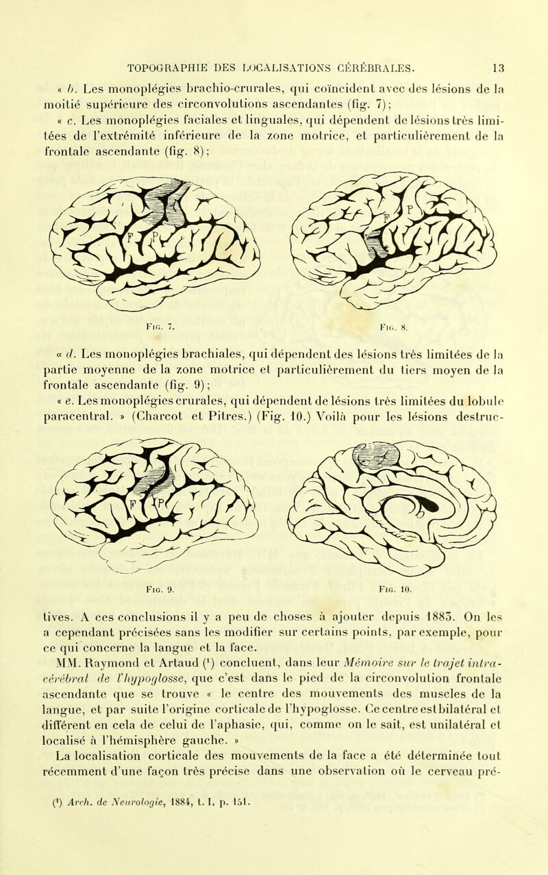 « b. Les monoplégies brachio-crnrales, qui coïncident avec des lésions de la moitié supérieure des circonvolutions ascendantes (fig. 7); « c. Les monoplégies faciales et linguales, qui dépendent de lésions très limi- tées de l'extrémité inférieure de la zone motrice, et particulièrement de la frontale ascendante (fig. 8) ; Fir.. 7. Fii:. 8. « (/. Les monoplégies brachiales, qui dépendent des lésions très limitées de la partie moyenne de la zone motrice et particulièrement du tiers moyen de la frontale ascendante (fig. 9); « e. Les monoplégies crurales, qui dépendent de lésions très limitées du lobule paracentral. » (Charcot et Pitres.) (Fig. 10.) Voilà pour les lésions destruc- Fic. 9. Fig. 10. tives. A ces conclusions il y a peu de choses à ajouter depuis 1883. On les a cependant précisées sans les modifier sur certains points, par exemple, pour ce qui concerne la langue et la face. M\L Raymond et Artaud (') concluent, dans leur Mémoire sur le trajet inlra- cérébral de lltypoglosse, que c'est dans le pied de la circonvolution frontale ascendante que se trouve « le centre des mouvements des muscles de la langue, et par suite l'origine rorticalede l'hypoglosse. Ce centre estbilaléral et différent en cela de celui de l'aphasie, qui, comme on le sait, est unilatéral et localisé à l'hémisphère gauche. » La localisation corticale des mouvements de la face a été déterminée tout récemment d'une façon très précise dans une observation où le cerveau pré- (') Arrii. de Neitrolorjie, 1884, t. I, p. UA.