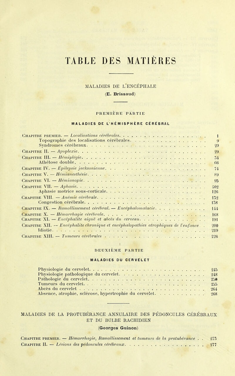 TABLE DES MATIÈRES MALADIES DE L'ENCÉPHALE (E. Brissaud) PREMIÈRE PARTIE MALADIES DE L'HÉMISPHÈRE CÉRÉBRAL Chapitre premier. — Localisations cérébrales , \ Topographie des localisations cérébrales 9 Syndromes cérébraux 29 Chapitre II. — Apoplexie 29 Chapitre III. — Hémiplégie 54 Athétose double fié Chapitre IV. — Épilepsie jacksonienne 74 Chapitre V. —Hérnianesthésie 89 Chapitre VI. — Hémianopie 95 Chapitre VII. — Aphasie 102 Aphasie motrice sous-corticale 126 Chapitre VIII. — Anémie cérébrale 132 Congestion cérébrale 158 Chapitre IX. — Ramollissement cérébral. — Encéphalomalacic 144 Chapitre X. —• Hémorrhagie cérébrale 108 Chapitre XI. — Encéphalite aiguë et abcès du cerveau 191 Chapitre XII. — Encéphalite chronique et encéphalopathies atrophiques de Venfance . . 200 Idiotie 219 Chapitre XIII. — Tumeurs cérébrales ...... 226 DEUXIÈME PARTIE MALADIES DU CERVELET Physiologie du cervelet 245 Physiologie pathologique du cervelet , 248 Pathologie du cervelet 258 Tumeurs du cervelet 255 Abcès du cervelet 264 Absence, atrophie, sclérose, hypertrophie du cervelet 268 MALADIES DE LA PROTUBÉRANCE ANNULAIRE DES PÉDONCULES CÉRÉBRAUX ET DU BULBE RACHIDIEN (Georges Guinon) Chapitre premier. — Hémorrhagie, Ramollissement et tumeurs de la protubérance . . 275 Chapitre II. — Lésions des pédoncules cérébraux 277