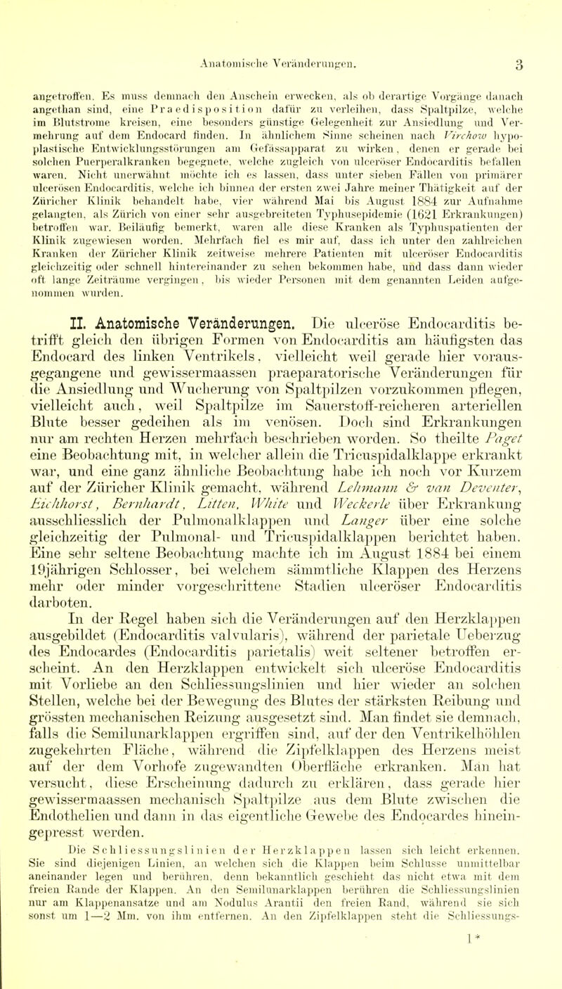 angetroffen. Es imiss demnach den Anschein erwecken, als ob derartige Vorgänge danach angethan sind, eine Pr a e d i s p o s i t i on dafür zu verleihen, dass Spaltpilze, welche im Blutstronie kreisen, eine besonders günstige Gelegenheit zur Ansiedlung und Ver- mehrung auf dem Endocard finden. In ähnlichem Sinne scheinen nach Virchow hypo- plastische Entwicklungsstörungen am Gefässapparat zu wirken, denen er gerad(! bei solchen Puerperalkranken begegnete, welche zugleich von ulceröser Endocarditis befallen waren. Nicht unerwähnt mochte ich es lassen, dass unter sieben Fällen von primärer nlcerösen Endocarditis, welche ich binnen der ersten zwei Jahre meiner Thätigkeit auf der Züricher Klinik behandelt habe, vier während Mai bis August 1884 zur Aufnahme gelangten, als Zürich von einer sehr ausgebreiteten Typhusepidemie (1621 Erkrankungen) betroffen war. Beiläufig bemerkt, waren alle diese Kranken als Typhuspatienten der Klinik zugewiesen worden. Mehrfach fiel es mii' auf, dass ich unter den zahlreichen Kranken der Züricher Klinik zeitweise mehrere Patienten mit ixlceröser Endocarditis gleichzeitig oder schnell hintereinander zu sehen bekommen habe, und dass dann wieder oft lange Zeiträume vergingen , bis Avieder Personen mit dem genannten Leiden aufge- nommen wurden. II. Anatomische Veränderungen. Die ulceröse Endocarditis be- trifft gleich den übrigen F(trmen A on Endocarditis am häufigsten das Endocard des linken Ventrikels, vielleicht weil gerade hier voraus- gegangene find gevi^issermaassen praeparatorische Veränderungen für die Ansiedlung und Wucherung von Spaltpilzen vorzukommen pflegen, vielleicht auch, vpeil Spaltpilze im Satierstoff-reicheren arteriellen Blute besser gedeihen als im venösen. Doch sind Erkrankifngen nur am rechten Herzen mehrfach beschrieben worden. So theilte Paget eine Beobachtung mit, in welcher allein die Tricuspidalklappe erkrankt war, und eine ganz ähnliche Beobachtung habe ich noch vor Kurzem aiff der Züricher Klinik gemacht, während Lehmann &■ van Deventer^ Eicliliorst, Bernhardt. Litten., White und Weckerle über Erkrankting ausschliesslich der Pulmonalklappen und Langer über eine solche gleichzeitig der Pulmonal- und Tricus])idalklappen berichtet haben. Eine sehr seltene Beobachtung machte ich im August 1884 bei einem 19jährigen Schlosser, bei welchem sämmtliche Klappen des Herzens mehr oder minder vorgeschrittene Stadien filceröser Endocarditis darboten. In der Regel haben sich die Veränderungen auf den Herzlda}ipen ausgebildet (Endocarditis valvularis), während der parietale Uebei'zug des Endocardes (Endocarditis parietalis) weit seltener betroffen er- scheint. An den Herzklappen entwickelt sich ulceröse Endocarditis mit Vorliebe an den Schliessungslinien und hier wieder an soL'hen Stellen, welche bei der Bewegung des Blutes der stärksten Reibung und grössten mechanischen Reizung ausgesetzt sind. Man findet sie demnach, falls die Semilunarklappen ergriffen sind, auf der den Ventrikelhöhlen zugekehrten Fläche, während die Zipfelklappen des Herzens meist auf der dem Vorhofe zugewandten <Jberfläche erkranken. Man hat versucht, diese Erscheinung dadurch zu erklären, dass gerade hier gewissermaassen mechanisch Spaltpilze aus dem Blute zvnschen die Endothelien und dann in das eigentliche Gewebe des Endocardes hinein- gepresst werden. Die Schliessungslinien der Herzklappen lassen sich leicht erkennen. Sie sind diejenigen Linien, an welchen sich die Klappen beim Schlüsse unmittelbar aneinander legen und berühren, denn bekanntlich geschieht das nicht etwa mit dem freien Rande der Klappen. An den Semilunarklappen berühren die Schliessungslinien nur am Klaiipenansatze und am Nodulus Arantii den freien Eand, während sie sieh sonst um 1—2 Mm. von ihm entfernen. An den Zipfelklappen steht die Schliessungs- 1*