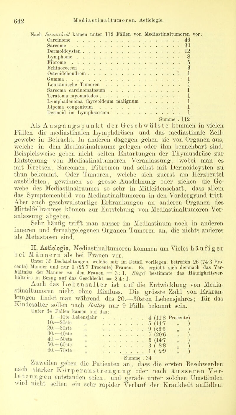 Nach Strauscheid kamen unter 112 Fällen von Mediastinaltumoren vor: Carcinome 46 Sarcome 30 Dermoid Cysten 12 Lymphome 8 Fibrome 5 Echinococcen 3 Osteoidchoudrom 1 Gumma 1 Leukämische Tumoren 1 Sarcoma carcinomatosum 1 Teratoma myomatodes 1 Lymphadenoma thyreoideum malignum 1 Lipoma congenitum 1 Dermoid im Lymphsarcom . 1 Summe .112 Als Ausgangspunkt der Geschwülste kommen in vielen Fällen die mediastinalen Lymj^hdrüsen und das mediastinale Zell- gewebe in Betracht. In anderen dagegen gehen sie von Organen aus, welche in dem Mediastinalraume gelegen oder ihm benachbart sind. Beispielsweise geben nicht selten Entartungen der Thymusdrüse zur Entstehung von Mediastinaltumoren Veranlassung, wobei man es mit Krebsen, Sarcomen, Fibromen und selbst mit Dermoidcysten zu thun bekommt. Oder Tumoren, welche sich zuerst am Herzbeutel ausbildeten, gewinnen so grosse Ausdehnung oder ziehen die Gre- webe des Mediastinalraumes so sehr in Mitleidenschaft, dass allein das Symptomenbild von Mediastinaltumoren in den Vordergrund tritt. Aber auch geschwulstartige Erkrankungen an anderen Organen des Mittelfellraumes können zur Entstehung von Mediastinaltumoren Ver- anlassung abgelten. Sehr häufig trifft man ausser im Mediastinum noch in anderen inneren und fernabgelegenen Oi'ganen Tumoren an, die nichts anderes als Metastasen sind. II. Aetiologie. Mediastinaltumoren kommen um Vieles häufiger bei Männern als bei Erauen vor. Unter 35 Beobachtungen, welche mir im Detail vorliegen, betreffen 26 (743 Pro- cente) Männer und nur 9 (25-7 Procente) Frauen. Es ergiebt sich demnach das Ver- hältniss der Männer zu den Frauen = 3:1. Riegel bestimmte das Häuflgkeitsver- hältniss in Bezug auf das Geschlecht = 2^4 : 1. Auch das Lebensalter ist auf die Entwicklung von Media- stinaltumoren nicht ohne Einfluss. Die grösste Zahl von Erkran- kungen fi.ndet man während des 20.—30sten Lebensjahres; für das Kindesalter sollen nach Bollay nur 9 Fälle bekannt sein. Unter 34 Fällen kamen auf das: 1.—lOte Lebensjahr 4 (U'S Procente) 10.-20ste „ 5 (14-7 „ ) 20.-30ste „ 9 (:>6-5 „ ) 30.—40ste „ 7 (20-6 ,. ) 4O.-50ste „ 5(14-7 „ ) 50.-b0ste „ 3(8-8 „ ) 60.-70ste „ 1( 2-9  ) _ Summe . 34 Zuweilen geben die Patienten an, dass die ersten Beschwerden nach starker Körperanstrengung oder nach äusseren Ver- letzungen entstanden seien, und gerade unter solchen Umständen wird nicht selten ein selir rapider Verlauf der Krankheit auffallen.