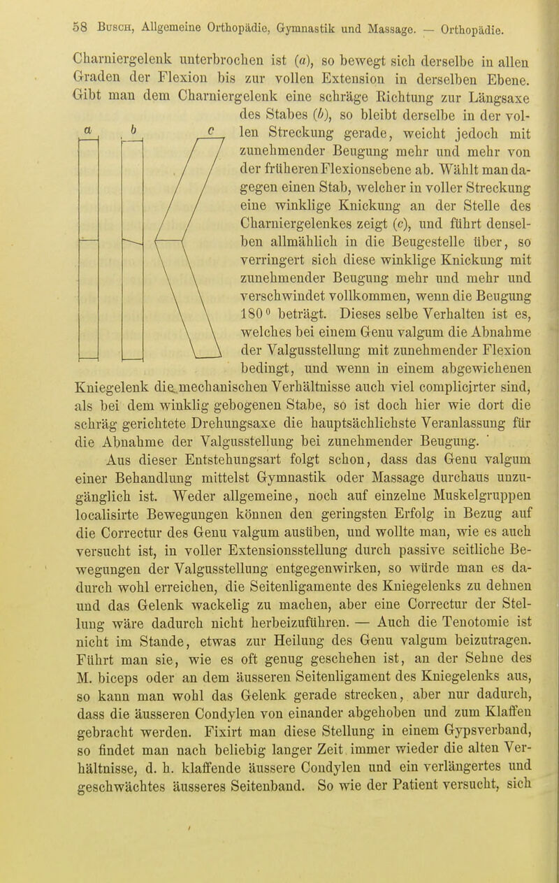 Charniergelenk unterbrochen ist (a), so bewegt sich derselbe in allen Graden der Flexion bis zur vollen Extension in derselben Ebene. Gibt man dem Charniergelenk eine schräge Richtung zur Längsaxe des Stabes (b), so bleibt derselbe in der vol- len Streckung gerade, weicht jedoch mit zunehmender Beugung mehr und mehr von der früheren Flexionsebene ab. Wählt man da- gegen einen Stab, welcher in voller Streckung eine winklige Knickung an der Stelle des Charniergelenkes zeigt (c), und führt densel- ben allmählich in die Beugestelle Uber, so verringert sich diese winklige Knickung mit zunehmender Beugung mehr und mehr und verschwindet vollkommen, wenn die Beugung 180 beträgt. Dieses selbe Verhalten ist es, welches bei einem Genu valgum die Abnahme der Valgusstellung mit zunehmender Flexion bedingt, und wenn in einem abgewichenen Kniegelenk die^ mechanischen Verhältnisse auch viel complicjrter sind, als bei dem winklig gebogenen Stabe, so ist doch hier wie dort die schräg gerichtete Drehungsaxe die hauptsächlichste Veranlassung für die Abnahme der Valgusstellung bei zunehmender Beugung. Aus dieser Entstehungsart folgt schon, dass das Genu valgum einer Behandlung mittelst Gymnastik oder Massage durchaus unzu- gänglich ist. Weder allgemeine, noch auf einzelne Muskelgruppen localisirte Bewegungen können den geringsten Erfolg in Bezug auf die Correctur des Genu valgum ausüben, und wollte man, wie es auch versucht ist, in voller Extensionsstellung durch passive seitliche Be- wegungen der Valgusstellung entgegenwirken, so würde man es da- durch wohl erreichen, die Seitenligamente des Kniegelenks zu dehnen und das Gelenk wackelig zu machen, aber eine Correctur der Stel- lung wäre dadurch nicht herbeizuführen. — Auch die Tenotomie ist nicht im Stande, etwas zur Heilung des Genu valgum beizutragen. Führt man sie, wie es oft genug geschehen ist, an der Sehne des M. biceps oder an dem äusseren Seitenligament des Kniegelenks aus, so kann man wohl das Gelenk gerade strecken, aber nur dadurch, dass die äusseren Condylen von einander abgehoben und zum Klaffen gebracht werden. Fixirt man diese Stellung in einem Gypsverband, so findet man nach beliebig langer Zeit immer wieder die alten Ver- hältnisse, d. h. klaffende äussere Condylen und ein verlängertes und geschwächtes äusseres Seitenband. So wie der Patient versucht, sich