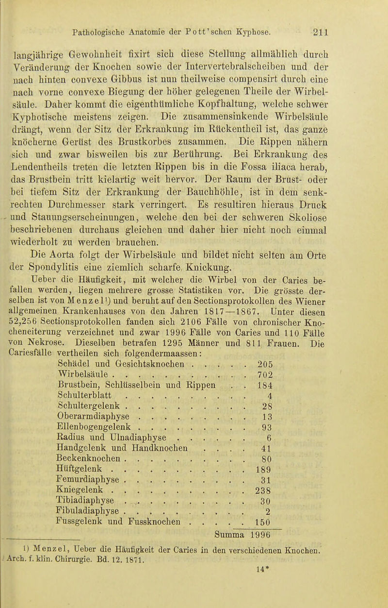 langjährige Gewohnheit fixirt sich diese Stellung allmählich durch Veränderung der Knochen sowie der Intervertebralscheiben und der nach hinten convexe Gibbus ist nun theilweise compensirt durch eine nach vorne convexe Biegung der höher gelegenen Theile der Wirbel- säule. Daher kommt die eigenthtimliche Kopfhaltung, welche schwer Kyphotische meistens zeigen. Die zusammensinkende Wirbelsäule drängt, wenn der Sitz der Erkrankung im Ktickentheil ist, das ganze knöcherne Gertist des Brustkorbes zusammen. Die Rippen nähern sich und zwar bisweilen bis zur Berührung. Bei Erkrankung des Lendentheils treten die letzten Rippen bis in die Fossa iliaca herab, das Brustbein tritt kielartig weit hervor. Der Raum der Brust- oder bei tiefem Sitz der Erkrankung der Bauchhöhle, ist in dem senk- rechten Durchmesser stark verringert. Es resultiren hieraus Druck und Stauungserscheinungen, welche den bei der schweren Skoliose beschriebenen durchaus gleichen und daher hier nicht noch einmal wiederholt zu werden brauchen. Die Aorta folgt der Wirbelsäule und bildet nicht selten am Orte der Spondylitis eine ziemlich scharfe, Knickung. Ueber die Häufigkeit, mit welcher die Wirbel von der Caries be- fallen werden, liegen mehrere grosse Statistiken vor. Die grösste der- selben ist von Menzel') und beruht auf den SectionsprotokoUen des Wiener allgemeinen Krankenhauses von den Jahren 1817 —1867. Unter diesen 52,256 SectionsprotokoUen fanden sich 2106 Fälle von chronischer Kno- cheneiterung verzeichnet und zwar 1996 Fälle von Caries und 110 Fälle von Nekrose. Dieselben betrafen 1295 Männer und 811 Frauen. Die Cariesfälle vertheilen sich folgendermaassen: Schädel und Gesichtsknochen 205 Wirbelsäule 702 Brustbein, Schlüsselbein und Rippen . . 184 Schulterblatt 4 Schultergelenk 28 Oberarmdiaphyse 13 Ellenbogengelenk 93 Radius und Ulnadiaphyse 6 Handgelenk und Handknochen .... 41 Beckenknochen . 80 Hüftgelenk 189 Femurdiaphyse 31 Kniegelenk 238 Tibiadiaphyse . 30 Fibuladiaphyse 2 Fussgelenk und Fussknochen 150 Summa 1996 1) Menzel, Ueber die Häufigkeit der Caries in den verschiedenen Knochen. Arch. f. klin. Chirurgie. Bd. 12. 1871. 14*