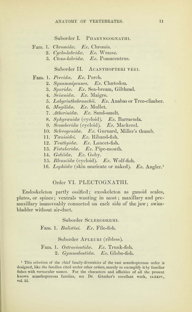 Suborder I. Pharyngognathi. Pam. 1. Chromidce. Ex. Chromis. 2. Cyclo-labridce. Ex. Wrasse. 3. Cteno-labridce. Ex. Pomacentrus. Suborder II. Acanthopteri veri. Fam. 1. Percidce. Ex. Perch. 2. Squammipennes. Ex. Chaetodon. 3. Sparidce. Ex. Sea-bream., Gilthead. 4. ScicenidcB. Ex. Maigre. 5. Labyrinthobranchii. Ex. Anabas or Tree-climber. 6. Mugilidce. Ex. Mullet. 7. Atherinidce. Ex. Sand-smelt. 8. SpliyrcenidcB (cycloid). Ex. Barracuda. 9. Scomberidce (cycloid). Ex. Mackerel. 10. Sclerogenidce. Ex. Gurnard, Miller’s thumb. 11. T&nioidei. Ex. Riband-fish. 12. TeuthyidcB. Ex. Lancet-fish. 13. Fistularidce. Ex. Pipe-mouth. 14. Gobiidce. Ex. Goby. 15. Blenniidce (cycloid). Ex. Wolf-fish. 16. Lophiidce (skin muricate or naked). Ex. Angler.1 Order VI. PLECTOGNATHI. Endoskeleton partly ossified; exoskeleton as ganoid scales, plates, or spines; ventrals wanting in most; maxillary and pre¬ maxillary immoveably connected on each side of the jaw; swim- bladder without air-duct. Suborder Sclerodermi. Fam. 1. Balistini. Ex. File-fish. Suborder Apleuri (ribless). Fam. 1. Ostraciontidce. Ex. Trunk-fish. 2. Gymnodontidce. Ex. Globe-fish. 1 This selection of the chief family-diversities of the vast acanthopterous order is designed, like the families cited under other orders, merely to exemplify it by familiar fishes with vernacular names. For the characters and affinities of all the present known acanthopterous families, see Dr. Gunther’s excellent work, clxxiy., vol. iii.