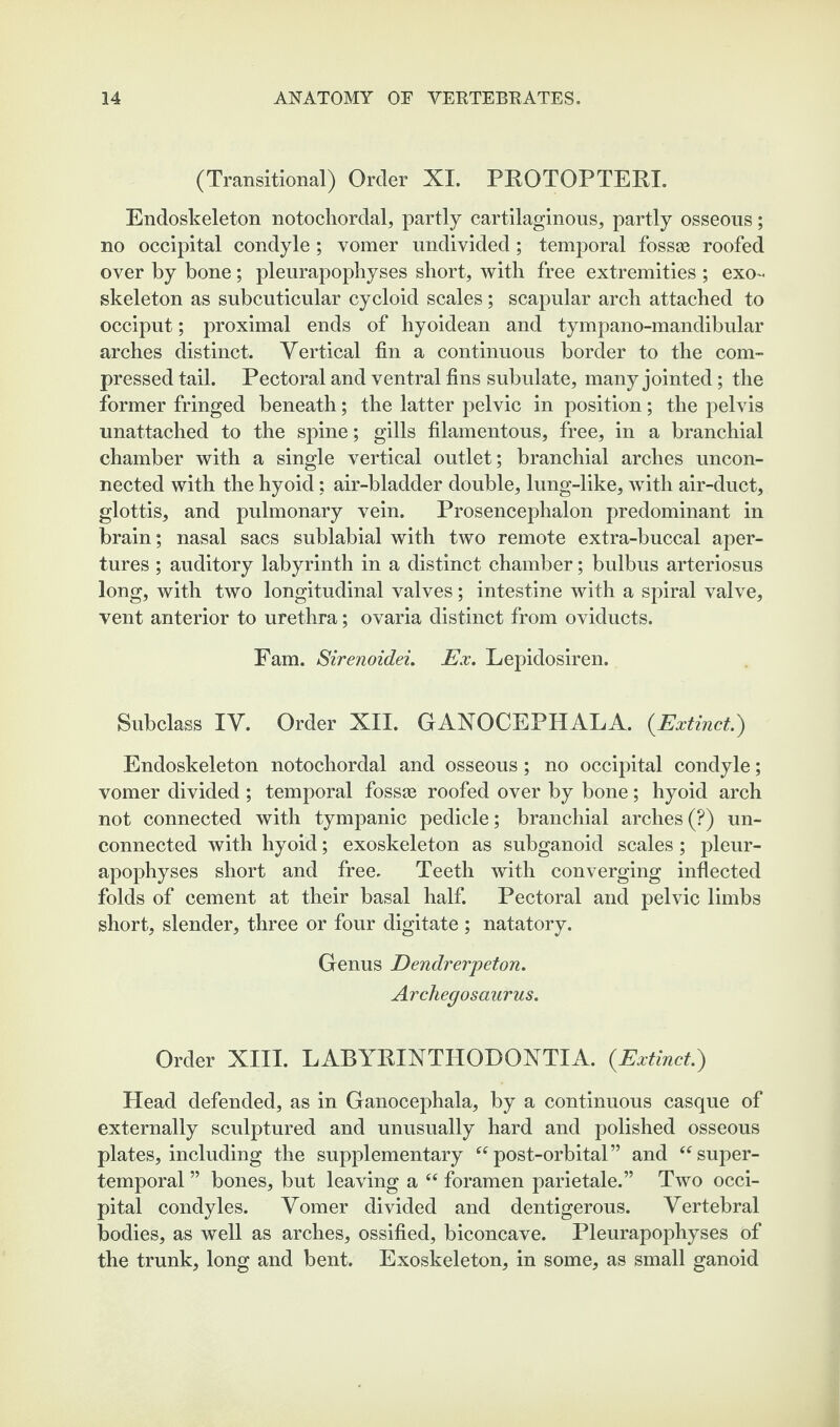 (Transitional) Order XI. PROTOPTERI. Endoskeleton notochordal, partly cartilaginous, partly osseous; no occipital condyle ; vomer undivided; temporal fosses roofed over by bone; pleurapophyses short, with free extremities ; exo¬ skeleton as subcuticular cycloid scales; scapular arch attached to occiput; proximal ends of hyoidean and tympano-mandibular arches distinct. Vertical fin a continuous border to the com¬ pressed tail. Pectoral and ventral fins subulate, many jointed; the former fringed beneath; the latter pelvic in position; the pelvis unattached to the spine; gills filamentous, free, in a branchial chamber with a single vertical outlet; branchial arches uncon¬ nected with the hyoid; air-bladder double, lung-like, with air-duct, glottis, and pulmonary vein. Prosencephalon predominant in brain; nasal sacs sublabial with two remote extra-buccal aper¬ tures ; auditory labyrinth in a distinct chamber; bulbus arteriosus long, with two longitudinal valves; intestine with a spiral valve, vent anterior to urethra; ovaria distinct from oviducts. Fam. Sirenoidei. Ex. Lepidosiren. Subclass IV. Order XII. GANOCEPHALA. (Extinct.) Endoskeleton notochordal and osseous; no occipital condyle; vomer divided ; temporal fossse roofed over by bone; hyoid arch not connected with tympanic pedicle; branchial arches (?) un¬ connected with hyoid; exoskeleton as subganoid scales; pleur¬ apophyses short and free. Teeth with converging inflected folds of cement at their basal half. Pectoral and pelvic limbs short, slender, three or four digitate ; natatory. Genus Dendrerpeton. Archegosaurus. Order XIII. LABYRINTHODONTIA. (Extinct.) Head defended, as in Ganocephala, by a continuous casque of externally sculptured and unusually hard and polished osseous plates, including the supplementary “ post-orbital” and “ super¬ temporal ” bones, but leaving a “ foramen parietale.” Two occi¬ pital condyles. Vomer divided and dentigerous. Vertebral bodies, as well as arches, ossified, biconcave. Pleurapophyses of the trunk, long and bent. Exoskeleton, in some, as small ganoid