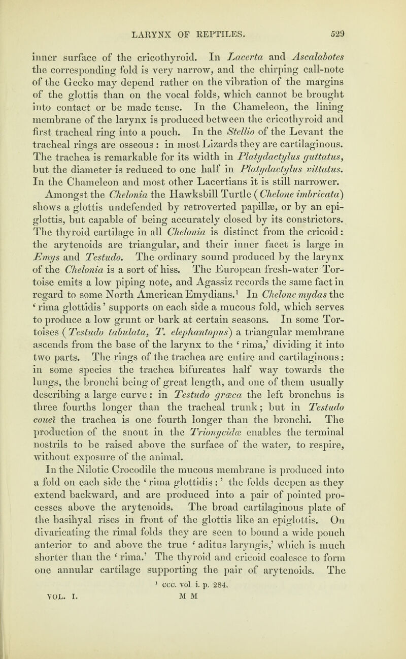 inner surface of the cricothyroid. In Lacerta and Ascalabotes the corresponding fold is very narrow, and the chirping call-note of the Gecko may depend rather on the vibration of the margins of the glottis than on the vocal folds, which cannot be brought into contact or be made tense. In the Chameleon, the lining membrane of the larynx is produced between the cricothyroid and first tracheal ring into a pouch. In the Stellio of the Levant the tracheal rings are osseous : in most Lizards they are cartilaginous. The trachea is remarkable for its width in Platydactylus yuttatus, but the diameter is reduced to one half in Platydactylus vittatus. In the Chameleon and most other Lacertians it is still narrower. Amongst the Chelonia the Hawksbill Turtle ( Chelone imbricata) shows a glottis undefended by retroverted papilla?, or by an epi¬ glottis, but capable of being accurately closed by its constrictors. The thyroid cartilage in all Chelonia is distinct from the cricoid: the arytenoids are triangular, and their inner facet is large in Emys and Testudo. The ordinary sound produced by the larynx of the Chelonia is a sort of hiss. The European fresh-water Tor¬ toise emits a low piping note, and Agassiz records the same fact in regard to some North American Emydians.1 In Chelone my das the c rima glottidis ’ supports on each side a mucous fold, which serves to produce a low grunt or bark at certain seasons. In some Tor¬ toises ( Testudo tabulata, T. elephantopus) a triangular membrane ascends from the base of the larynx to the f rima,’ dividing it into two parts. The rings of the trachea are entire and cartilaginous: in some species the trachea bifurcates half way towards the lungs, the bronchi being of great length, and one of them usually describing a large curve: in Testudo greeca the left bronchus is three fourths longer than the tracheal trunk; but in Testudo couei the trachea is one fourth longer than the bronchi. The production of the snout in the Trionycidce enables the terminal nostrils to be raised above the surface of the water, to respire, without exposure of the animal. In the Nilotic Crocodile the mucous membrane is produced into a fold on each side the f rima glottidis : ’ the folds deepen as they extend backward, and are produced into a pair of pointed pro¬ cesses above the arytenoids* The broad cartilaginous plate of the basihyal rises in front of the glottis like an epiglottis. On divaricating the rimal folds they are seen to bound a wide pouch anterior to and above the true f aditus laryngis,’ which is much shorter than the f rima.’ The thyroid and cricoid coalesce to form one annular cartilage supporting the pair of arytenoids. The 1 CCC. vol. i. p. 284, M M VOL. I.