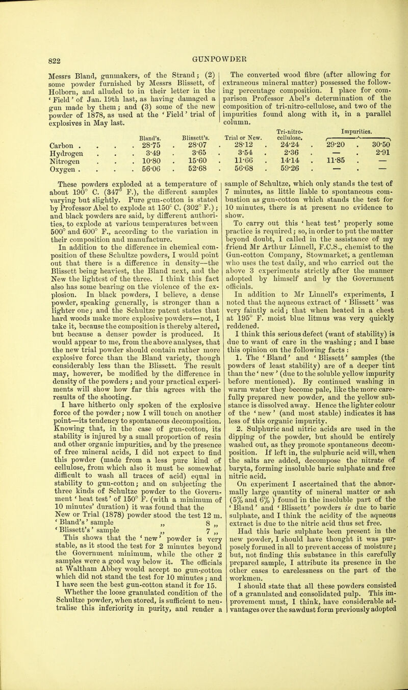 Messrs Bland, gunmakers, of the Strand; (2) some powder furnished by Messrs Blissett, of Holborn, and alluded to in their letter in the c Field' of Jan. 19th last, as having damaged a gun made by them; and (3) some of the new powder of 1878, as used at the ' Field' trial of explosives in May last. Bland's. Blissett's. Carbon .... 28-75 . 28'07 . Hydrogen . . . 3-49 . 365 . Nitrogen . . . 10*80 . 15-60 . Oxygen .... 56-06 . 52'68 . These powders exploded at a temperature of about 190° C. (347° F.), the different samples varying but slightly. Pure gun-cotton is stated by Professor Abel to explode at 150° C. (302° F.); and black powders are said, by different authori- ties, to explode at various temperatures between 500° and 600° F., according to the variation in their composition and manufacture. In addition to the difference in chemical com- position of these Schultze powders, I would point out that there is a difference in density—the Blissett being heaviest, the Bland next, and the New the lightest of the three. I think this fact also has some bearing on the violence of the ex- plosion. In black powders, I believe, a dense powder, speaking generally, is stronger than a lighter one; and the Schultze patent states that hard woods make more explosive powders—not, I take it, because the composition is thereby altered, but because a denser powder is produced. It would appear to me, from the above analyses, that the new trial powder should contain rather more explosive force than the Bland variety, though considerably less than the Blissett. The result may, however, be modified by the difference in density of the powders ; and your practical experi- ments will show how far this agrees with the results of the shooting. I have hitherto only spoken of the explosive force of the powder; now I will touch on another point—its tendency to spontaneous decomposition. Knowing that, in the case of gun-cotton, its stability is injured by a small proportion of resin and other organic impurities, and by the presence of free mineral acids, I did not expect to find this powder (made from a less pure kind of cellulose, from which also it must be somewhat difficult to wash all traces of acid) equal in stability to gun-cotton; and on subjecting the three kinds of Schultze powder to the Govern- ment « heat test' of 150° F. (with a minimum of 10 minutes' duration) it was found that the New or Trial (1878) powder stood the test 12 m. e Bland's' sample ,, 8 „ 'Blissett's5 sample „ 7 ' This shows that the ' new' powder is very stable, as it stood the test for 2 minutes beyond the Government minimum, while the other 2 samples were a good way below it. The officials at Waltham Abbey would accept no gun-cotton which did not stand the test for 10 minutes; and I have seen the best gun-cotton stand it for 15. Whether the loose granulated condition of the Schultze powder, when stored, is sufficient to neu- tralise this inferiority in purity, and render a The converted wood fibre (after allowing for extraneous mineral matter) possessed the follow- ing percentage composition. I place for com- parison Professor Abel's determination of the composition of tri-nitro-cellulose, and two of the impurities found along with it, in a parallel column. Tri-nitro- Impurities. Trial or New. cellulose. r~ ~^ ~\ 28-12 . 24-24 . 29*20 . 30-50 3-54 . 2-36 . — . 2-91 11-66 . 14-14 . 11-85 . — 56-68 . 59'26 . — . — sample of Schultze, which only stands the test of 7 minutes, as little liable to spontaneous com- bustion as gun-cotton which stands the test for 10 minutes, there is at present no evidence to show. To carry out this ' heat test' properly some practice is required; so, in order to put the matter beyond doubt, I called in the assistance of my friend Mr Arthur Linnell, F.C.S., chemist to the Gun-cotton Company, Stowmarket, a gentleman who uses the test daily, and who carried out the above 3 experiments strictly after the manner adopted by himself and by the Government officials. In addition to Mr Linnell's experiments, I noted that the aqueous extract of ' Blissett' was very faintly acid; that when heated in a chest at 195° F. moist blue litmus was very quickly reddened. I think this serious defect (want of stability) is due to want of care in the washing; and I base this opinion on the following facts : 1. The ' Bland' and 'Blissett' samples (the powders of least stability) are of a deeper tint than the' new' (due to the soluble yellow impurity before mentioned). By continued washing in warm water they become pale, like the more care- fully prepared new powder, and the yellow sub- stance is dissolved away. Hence the lighter colour of the ' new' (and most stable) indicates it has less of this organic impurity. 2. Sulphuric and nitric acids are used in the dipping of the powder, but should be entirely washed out, as they promote spontaneous decom- position. If left in, the sulphuric acid will, when the salts are added, decompose the nitrate of baryta, forming insoluble baric sulphate and free nitric acid. On experiment I ascertained that the abnor- mally large quantity of mineral matter or ash (5% and 6% ) found in the insoluble part of the 4 Bland' and ' Blissett' powders is due to baric sulphate, and I think the acidity of the aqueous extract is due to the nitric acid thus set free. Had this baric sulphate been present in the new powder, I should have thought it was pur- posely formed in all to prevent access of moisture; but, not finding this substance in this carefully prepared sample, I attribute its presence in the other cases to carelessness on the part of the workmen. I should state that all these powders consisted of a granulated and consolidated pulp. This im- provement must, I think, have considerable ad- vantages over the sawdust form previously adopted