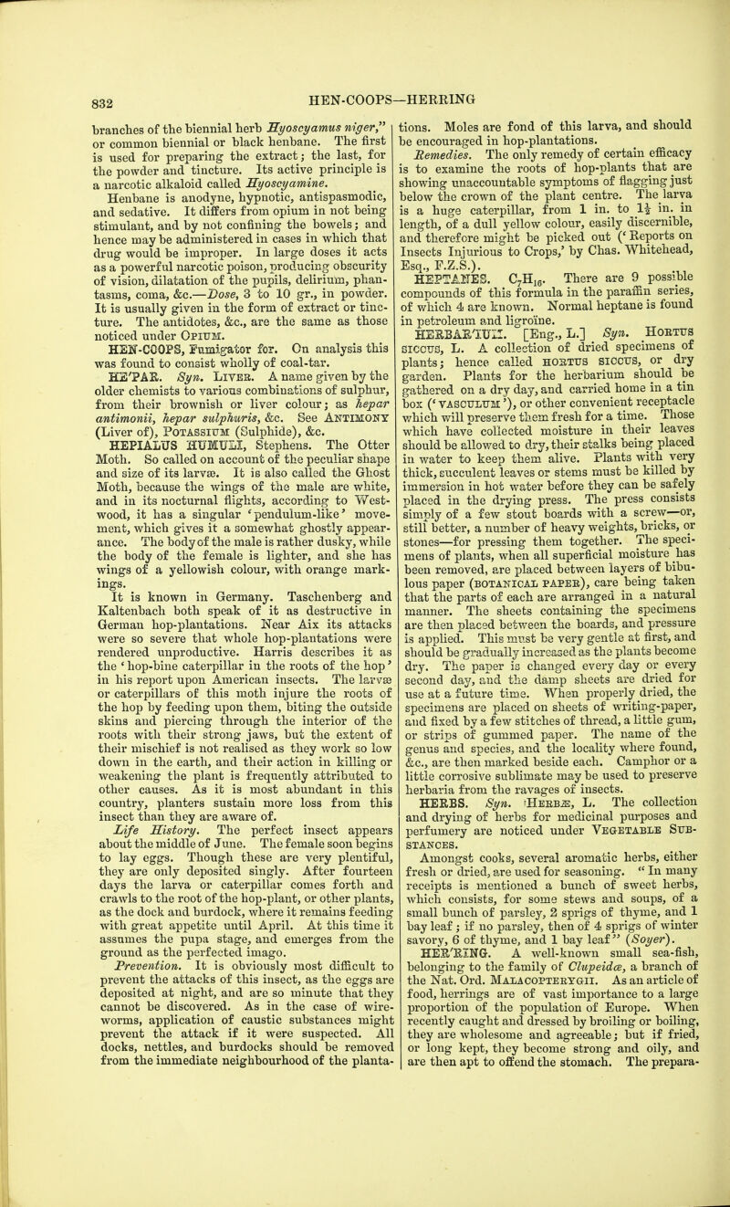 HEN-COOPS—HERRING branches of the biennial herb Eyoscyamus niger or common biennial or black henbane. The first is used for preparing the extract; the last, for the powder and tincture. Its active principle is a narcotic alkaloid called Hyoscyamine. Henbane is anodyne, hypnotic, antispasmodic, and sedative. It differs from opium in not being stimulant, and by not confining the bowels; and hence may be administered in cases in which that drug would be improper. In large doses it acts as a powerful narcotic poison, producing obscurity of vision, dilatation of the pupils, delirium, phan- tasms, coma, &c.—Dose, 3 to 10 gr., in powder. It is usually given in the form of extract or tinc- ture. The antidotes, &c, are the same as those noticed under Opium. HEN-COOPS, lumigator for. On analysis this was found to consist wholly of coal-tar. HE'PAR. Syn. Liver. A name given by the older chemists to various combinations of sulphur, from their brownish or liver colour; as Jiepar antimonii, hepar sulphuris, &c. See Antimony (Liver of), Potassium (Sulphide), &c. HEPIALUS HUMUXiI, Stephens. The Otter Moth. So called on account of the peculiar shape and size of its larvae. It is also called the Ghost Moth, because the wings of the male are white, and in its nocturnal flights, according to West- wood, it has a singular ' pendulum -like * move- ment, which gives it a somewhat ghostly appear- ance. The body of the male is rather dusky, while the body of the female is lighter, and she has wings of a yellowish colour, with orange mark- ings. It is known in Germany. Taschenberg and Kaltenbach both speak of it as destructive in German hop-plantations. Near Aix its attacks were so severe that whole hop-plantations were rendered unproductive. Harris describes it as the ' hop-bine caterpillar in the roots of the hop' in his report upon American insects. The larva? or caterpillars of this moth injure the roots of the hop by feeding upon them, biting the outside skins and piercing through the interior of the roots with their strong jaws, but the extent of their mischief is not realised as they work so low down in the earth, and their action in killing or weakening the plant is frequently attributed to other causes. As it is most abundant in this country, planters sustain more loss from this insect than they are aware of. Life History. The perfect insect appears about the middle of June. The female soon begins to lay eggs. Though these are very plentiful, they are only deposited singly. After fourteen days the larva or caterpillar comes forth and crawls to the root of the hop-plant, or other plants, as the dock and burdock, where it remains feeding with great appetite until April. At this time it assumes the pupa stage, and emerges from the ground as the perfected imago. Prevention. It is obviously most difficult to prevent the attacks of this insect, as the eggs are deposited at night, and are so minute that they cannot be discovered. As in the case of wire- worms, application of caustic substances might prevent the attack if it were suspected. All docks, nettles, and burdocks should be removed from the immediate neighbourhood of the planta- tions. Moles are fond of this larva, and should be encouraged in hop-plantations. Remedies. The only remedy of certain efficacy is to examine the roots of hop-plants that are showing unaccountable symptoms of flagging just below the crown of the plant centre. Thelarya is a huge caterpillar, from 1 in. to 1| in. in length, of a dull yellow colour, easily discernible, and therefore might be picked out (' Reports on Insects Injurious to Crops/ by Chas. Whitehead, Esq., F.Z.S.). HEPTANES. C7H16. There are 9 possible compounds of this formula in the paraffin series, of which 4 are known. Normal heptane is found in petroleum and ligroine. HEBBAB1TJI2. [Eng., L.] Syn. Hoetus Siccus, L. A collection of dried specimens of plants; hence called hostus siccus, or dry garden. Plants for the herbarium should be gathered on a dry day, and carried home in a tin box (' vasculum '), or other convenient receptacle which will preserve them fresh for a time. Those which have collected moisture in their leaves should be allowed to dry, their stalks being placed in water to keep them alive. Plants with very thick, succulent leaves or stems must be killed by immersion in hot water before they can be safely placed in the drying press. The press consists simply of a few stout boards with a screw—or, still better, a number of heavy weights,bricks, or stones—for pressing them together. The speci- mens of plants, when all superficial moisture has been removed, are placed between layers of bibu- lous paper (botanical papee), care being taken that the parts of each are arranged in a natural manner. The sheets containing the specimens are then placed between the boards, and pressure is applied. This must be very gentle at first, and should be gradually increased as the plants become dry. The paper is changed every day or every second day, and the damp sheets are dried for use at a future time. When properly dried, the specimens are placed on sheets of writing-paper, and fixed by a few stitches of thread, a little gum, or strips of gummed paper. The name of the genus and species, and the locality where found, &c, are then marked beside each. Camphor or a little corrosive sublimate may be used to preserve herbaria from the ravages of insects. HERBS. Syn. rHEEB^;, L. The collection and drying of herbs for medicinal purposes and perfumery are noticed under Vegetable Sub- stances. Amongst cooks, several aromatic herbs, either fresh or dried, are used for seasoning.  In many receipts is mentioned a bunch of sweet herbs, which consists, for some stews and soups, of a small bunch of parsley, 2 sprigs of thyme, and 1 bay leaf; if no parsley, then of 4 sprigs of winter savory, 6 of thyme, and 1 bay leaf (Soyer). HEB'HING. A well-known small sea-fish, belonging to the family of Clupeidce, a branch of the Nat. Ord. Malacopteeygii. As an article of food, herrings are of vast importance to a large proportion of the population of Europe. When recently caught and dressed by broiling or boiling, they are wholesome and agreeable; but if fried, or long kept, they become strong and oily, and are then apt to offend the stomach. The prepara-