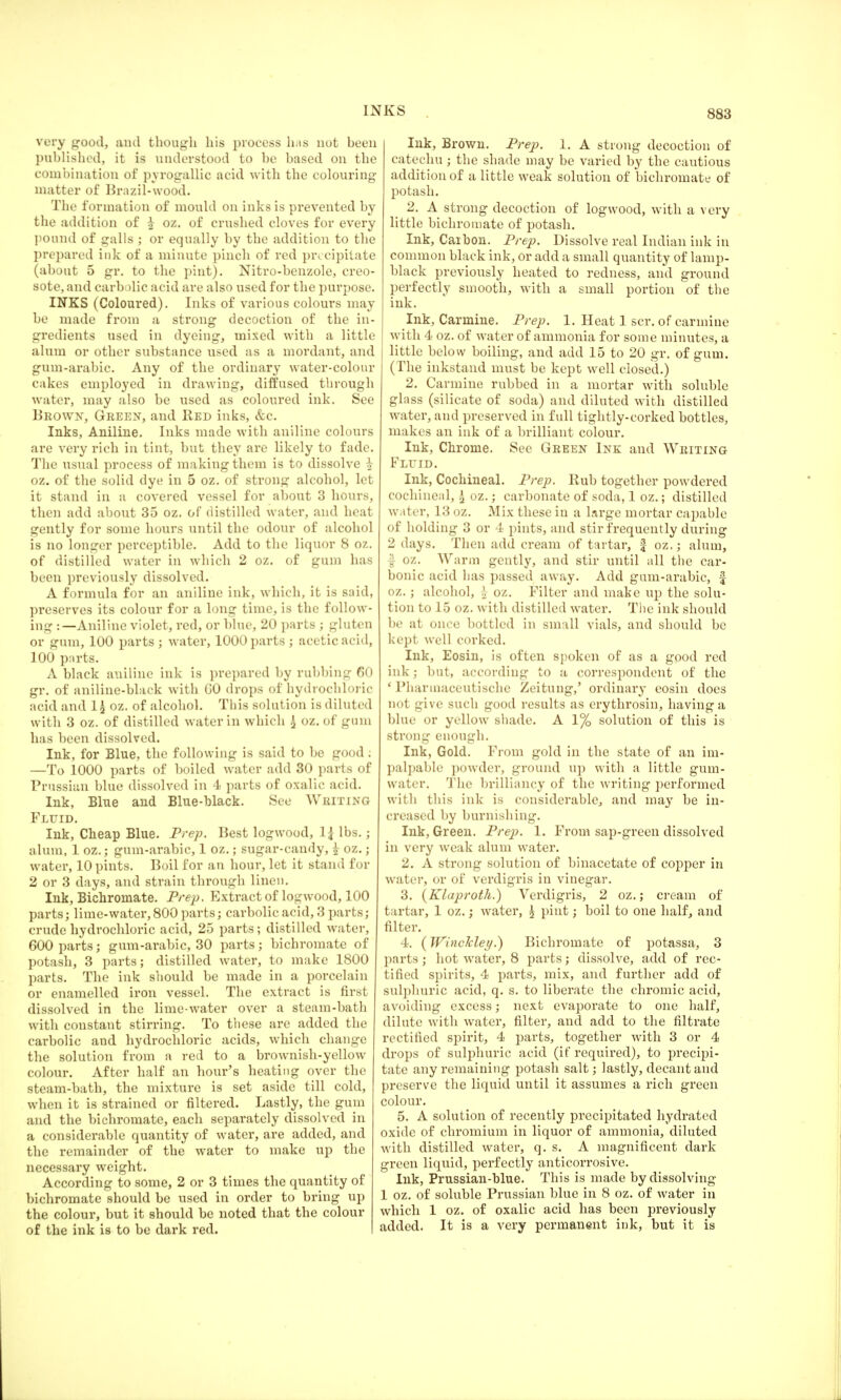 very good, and though his process has not been published, it is understood to be based on the combination of pyrogallic acid with the colouring matter of Brazil-wood. The formation of mould on inks is prevented by the addition of ^ oz. of crushed cloves for every pound of galls ; or equally by the addition to the prepared ink of a minute pinch of red precipitate (about 5 gr. to the pint). Nitro-benzole, creo- sote, and carbolic acid are also used for the purpose. INKS (Coloured). Inks of various colours may be made from a strong decoction of the in- gredients used in dyeing, mixed with a little alum or other substance used as a mordant, and gum-arabic. Any of the ordinary water-colour cakes employed in drawing, diffused through water, may also be used as coloured ink. See Brown, Green, and Red inks, &c. Inks, Aniline. Inks made with aniline colours are very rich in tint, but they are likely to fade. The usual process of making them is to dissolve i oz. of the solid dye in 5 oz. of strong alcohol, let it stand in :i covered vessel for about 3 hours, then add about 35 oz. of distilled water, and heat gently for some hours until the odour of alcohol is no longer perceptible. Add to the liquor 8 oz. of distilled water in which 2 oz. of gum has been previously dissolved. A formula for an aniline ink, which, it is said, preserves its colour for a long time, is the follow- ing :—Aniline violet, red, or blue, 20 parts ; gluten or gum, 100 parts ; water, 1000 parts ; acetic acid, 100 parts. A black aniline ink is prepared by rubbing 60 gr. of aniline-black with CO drops of hydrochloric acid and 1£ oz. of alcohol. This solution is diluted with 3 oz. of distilled water in which £ oz. of gum has been dissolved. Ink, for Blue, the following is said to be good: —To 1000 parts of boiled water add 30 parts of Prussian blue dissolved in 4 parts of oxalic acid. Ink, Blue and Blue-black. See Writing Fluid. Ink, Cheap Blue. Prep. Best logwood, 1£ lbs.; alum, 1 oz.; gum-arabic, 1 oz.; sugar-candy, i oz.; water, 10 pints. Boil for an hour, let it stand for 2 or 3 days, and strain through linen. Ink, Bichromate. Prep. Extract of logwood, 100 parts; lime-water, 800 parts; carbolic acid, 3 parts; crude hydrochloric acid, 25 parts; distilled water, 600 parts; gum-arabic, 30 parts; bichromate of potash, 3 parts; distilled water, to make 1800 parts. The ink should be made in a porcelain or enamelled iron vessel. The extract is first dissolved in the lime-water over a steam-bath with constant stirring. To these are added the carbolic and hydrochloric acids, which change the solution from a red to a brownish-yellow colour. After half an hour's heating over the steam-bath, the mixture is set aside till cold, when it is strained or filtered. Lastly, the gum and the bichromate, each separately dissolved in a considerable quantity of water, are added, and the remainder of the water to make up the necessary weight. According to some, 2 or 3 times the quantity of bichromate should be used in order to bring up the colour, but it should be noted that the colour of the ink is to be dark red. Ink, Brown. Prep. 1. A strong decoction of catechu ; the shade may be varied by the cautious addition of a little weak solution of bichromate of potash. 2. A strong decoction of logwood, with a very little bichromate of potash. Ink, Caibon. Prep. Dissolve real Indian ink in common black ink, or add a small quantity of lamp- black previously heated to redness, and ground perfectly smooth, with a small portion of the ink. Ink, Carmine. Prep. 1. Heat 1 scr. of carmine with 4 oz. of water of ammonia for some minutes, a little belovv boiling, and add 15 to 20 gr. of gum. (The inkstand must be kept well closed.) 2. Carmine rubbed in a mortar with soluble glass (silicate of soda) and diluted with distilled water, and preserved in full tightly-corked bottles, makes an ink of a brilliant colour. Ink, Chrome. See Green Ink and Writing Fluid. Ink, Cochineal. Prep. Rub together powdered cochineal, £ oz.; carbonate of soda, 1 oz.; distilled water, 13 oz. Mix these in a large mortar capable of holding 3 or 4 pints, and stir frequently during 2 days. Then add cream of tartar, f oz.; alum, -| oz. Warm gently, and stir until all the car- bonic acid has passed away. Add gum-arabic, f oz.; alcohol, i oz. Filter and make up the solu- tion to 15 oz. with distilled water. The ink should be at once bottled in small vials, and should be kept well corked. Ink, Eosin, is often spoken of as a good red ink; but, according to a correspondent of the ' Pharmaceutische Zeitung,' ordinary eosin does not give such good results as erythrosin, having a blue or yellow shade. A 1% solution of this is strong enough. Ink, Gold. From gold in the state of an im- palpable powder, ground up with a little gum- water. The brilliancy of the writing performed with this ink is considerable, and may be in- creased by burnishing. Ink, Green. Prep. 1. From sap-green dissolved in very weak alum water. 2. A strong solution of binacetate of copper in water, or of verdigris in vinegar. 3. [Klaproth.) Verdigris, 2 oz.; cream of tartar, 1 oz.; water, \ pint; boil to one half, and filter. 4. (WincMey.) Bichromate of potassa, 3 parts; hot water, 8 parts; dissolve, add of rec- tified spirits, 4 parts, mix, and further add of sulphuric acid, q. s. to liberate the chromic acid, avoiding excess; next evaporate to one half, dilute with water, filter, and add to the filtrate rectified spirit, 4 parts, together with 3 or 4 drops of sulphuric acid (if required), to precipi- tate any remaining potash salt; lastly, decant and preserve the liquid until it assumes a rich green colour. 5. A solution of recently precipitated hydrated oxide of chromium in liquor of ammonia, diluted with distilled water, q. s. A magnificent dark green liquid, perfectly anticorrosive. Ink, Prussian-blue. This is made by dissolving 1 oz. of soluble Prussian blue in 8 oz. of water in which 1 oz. of oxalic acid has been previously added. It is a very permanent ink, but it is