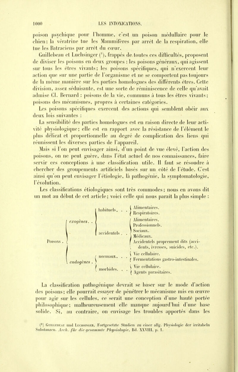 poison psychique pour l'homme, c'est un poison médullaire pour le chien; la vératrine tue les Mammifères par arrêt de la respiration, elle tue les Batraciens par arrêt du cœur. Guillebeau et Luchsinger (*), frappés de toutes ces difficultés, proposent de diviser les poisons en deux groupes : les poisons généraux, .qui agissent sur tous les êtres vivants; les poisons spécifiques, qui n'exercent leur action que sur une partie de l'organisme et ne se comportent pas toujours de la même manière sur les parties homologues des différents êtres. Cette division, assez séduisante, est une sorte de réminiscence de celle qu'avait admise Cl. Bernard : poisons de la vie, communs à tous les êtres vivants; poisons des mécanismes, propres à certaines catégories. Les poisons spécifiques exercent des actions qui semblent obéir aux deux lois suivantes : La sensibilité des parties homologues est en raison directe de leur acti- vité physiologique; elle est en rapport avec la résistance de l'élément le plus délicat et proportionnelle au degré de complication des liens qui réunissent les diverses parties de l'appareil. Mais si l'on peut envisager ainsi, d'un point de vue élevé, l'action des poisons, on ne peut guère, dans l'état actuel de nos connaissances, faire servir ces conceptions à une classification utile. 11 faut se résoudre à chercher des groupements artificiels basés sur un côté de l'étude. C'est ainsi qu'on peut envisager l'étiologie, la pathogénie, la syinptomatologie, l'évolution. Les classifications étiologiques sont très commodes ; nous en avons dit un mot au début de cet article; voici celle qui nous parait la plus simple : exogènes. Poisons endogènes . habituels. accidentels normaux. ( morbides. ( Alimentaires. \ Respiratoires. Alimentaires. Professionnels. Sociaux. Médicaux. Accidentels proprement dits (acci- dents, ivresses, suicides, etc.). \ Vie cellulaire. ( Fermentations gastro-intestinales. \ Yie cellulaire. \ Agents parasitaires. La classification pathogénique devrait se baser sur le mode d'action des poisons ; elle pourrait essayer de pénétrer le mécanisme mis en œuvre pour agir sur les cellules, ce serait une conception d'une haute portée philosophique; malheureusement elle manque aujourd'hui d'une base solide. Si, au contraire, on envisage les troubles apportés dans les (*) Guillebeau und Luchsinger, Fortgesetzte Studicn zu einer allg. Physiologie der irritabeln Substanzen. Arch. fur die gesammtc Physiologie, Bd. XXVIII, p. 1.