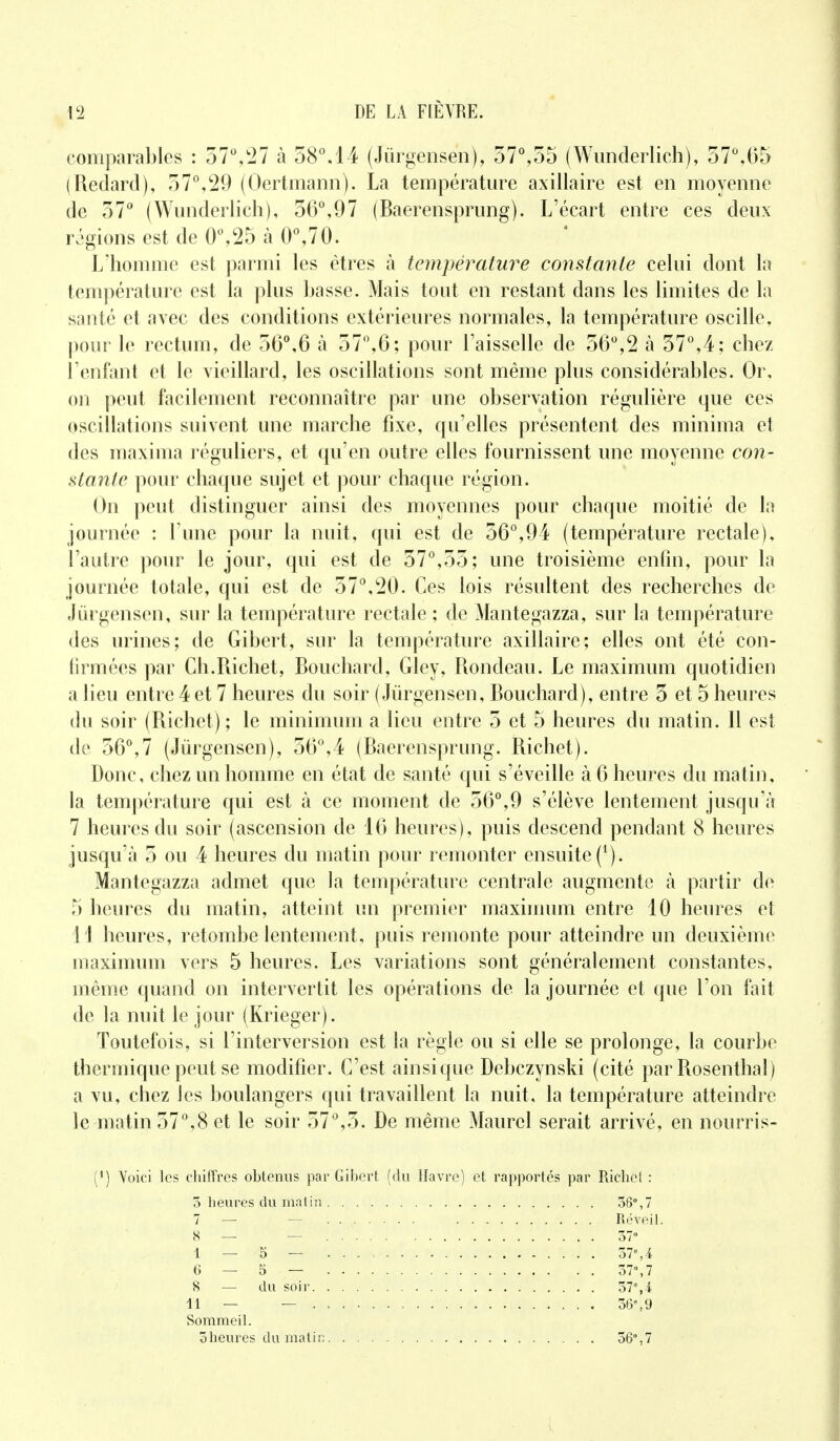 comparables : 57V27 à 58°,14 (Jùrgensen), 57°,55 (Wunderlich), 57°,65 (Redard), 57°,29 (Oertmann). La température axillaire est en moyenne de 57° (Wunderlich), 36°,97 (Baerensprung). L'écart entre ces deux régions est de 0°,25 à 0°,70. L'homme est parmi les êtres à température constante celui dont la température est la plus basse. Mais tout en restant dans les limites de la santé et avec des conditions extérieures normales, la température oscille, pour le rectum, de 56°,6 à 57°,6; pour Faisselle de 56°,2 à 37°,4; chez l'enfant et le vieillard, les oscillations sont même plus considérables. Or, on peut facilement reconnaître par une observation régulière que ces oscillations suivent une marche fixe, qu'elles présentent des minima et des maxima réguliers, et qu'en outre elles fournissent une moyenne con- stante pour chaque sujet et pour chaque région. On peut distinguer ainsi des moyennes pour chaque moitié de la journée : l une pour la nuit, qui est de 56°,94 (température rectale), l'autre pour le jour, qui est de 57°,55; une troisième enfin, pour la journée totale, qui est de 57°,20. Ces lois résultent des recherches de Jùrgensen, sur la température rectale ; de Mantegazza, sur la température des urines; de Gibert, sur la température axillaire; elles ont été con- firmées par Ch.Richet, Bouchard, Gley, Rondeau. Le maximum quotidien a lieu entre 4 et 7 heures du soir (Jùrgensen, Bouchard), entre 3 et 5 heures du soir (Richet); le minimum a lieu entre 5 et 5 heures du matin. H est de 56°,7 (Jùrgensen), 56°,4 (Baerensprung. Richet). Donc, chez un homme en état de santé qui s'éveille à 6 heures du matin, la température qui est à ce moment de 56°,9 s'élève lentement jusqu'à 7 heures du soir (ascension de 10 heures), puis descend pendant 8 heures jusqu'à 5 ou 4 heures du matin pour remonter ensuite f1). Mantegazza admet que la température centrale augmente à partir de 5 heures du matin, atteint un premier maximum entre 10 heures et 11 heures, retombe lentement, puis remonte pour atteindre un deuxième maximum vers 5 heures. Les variations sont généralement constantes, même quand on intervertit les opérations de la journée et que l'on fait de la nuit le jour (Krieger). Toutefois, si l'interversion est la règle ou si elle se prolonge, la courbe thermique peut se modifier. C'est ainsique Debczynski (cité par Rosenthal) a vu, chez les boulangers qui travaillent la nuit, la température atteindre le matin 57°,8 et le soir 57°,5. De même Maurcl serait arrivé, en nourris- [l) Voici les chiffres obtenus par Gibert (du Havre) et rapportés par Richet : 3 heures du matin 38°,7 7 — Réveil. 5 — — 37° 1 — 5 — 37»,4 6 — 5 — 37°,7 8 — du soir 37%4 11 — — 36%9 Sommeil. 5heures du matin 56°,7