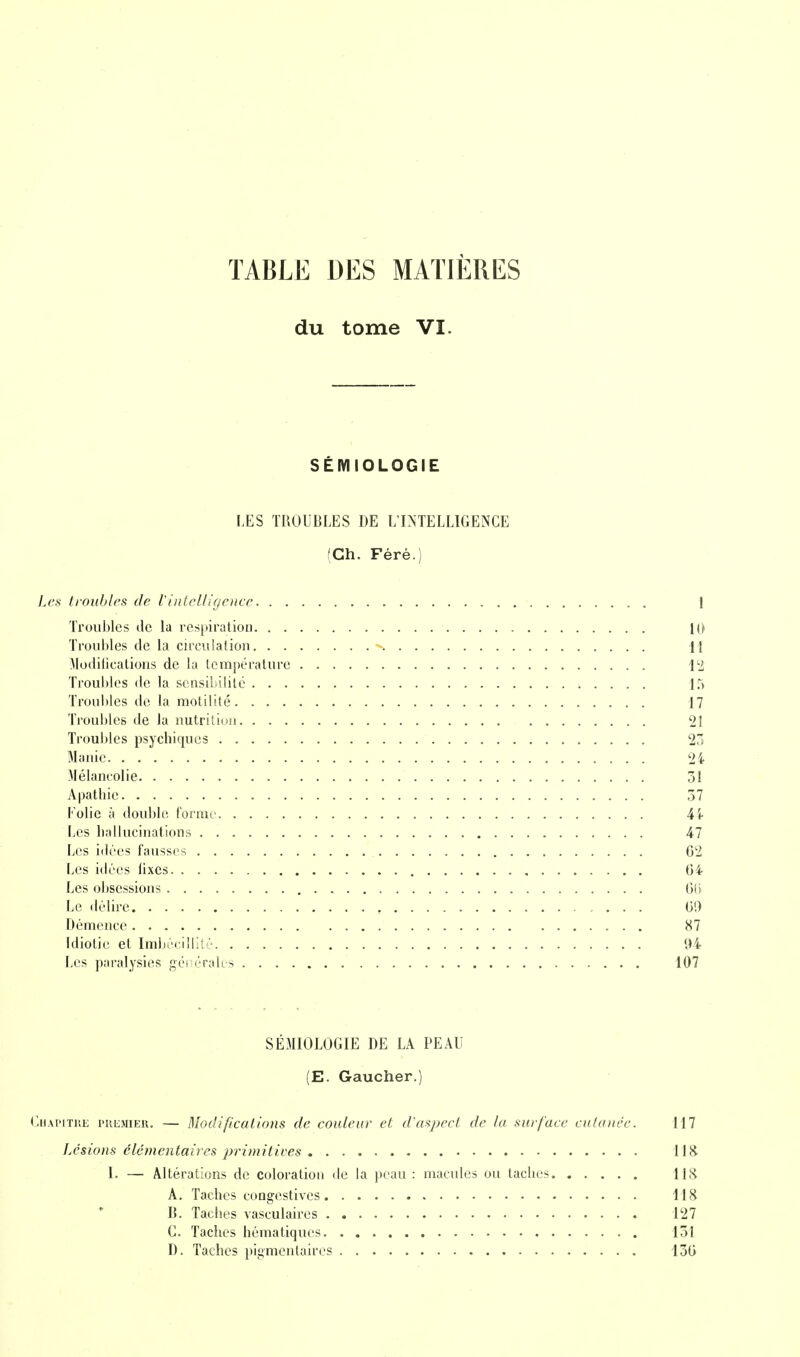 TABLE DES MATIÈRES du tome VI. SÉMIOLOGIE LES TROUBLES DE L'INTELLIGENCE (Ch. Féré.) Les troubles de Vintelligence 1 Troubles île la respiration 10 Troubles de la circulation H Modifications de la température 12 Troubles de la sensibilité 15 Troubles de la motilité 17 Troubles de la nutrition 21 Troubles psychiques 23 Manie 24 Mélancolie 31 Apathie 57 Lolie à double forme 44 Les hallucinations 47 Les idées fausses 62 Les idées fixes 64 Les obsessions 6b Le délire 69 Démence 87 Idiotie et Imbécillité 94 Les paralysies générales 107 SÉMIOLOGIE DE LA PEAU (E. Gaucher.) Chapitre premier. — Modifications de couleur et d'aspect de la surface cutanée. 117 Lésions élémentaires primitives 11 S- I. — Altérations de coloration de la peau : macules ou taches 11H A. Taches congestives 118 B. Taches vasculaires 127 G. Taches hématiques 131 D. Taches pigmentaires 136