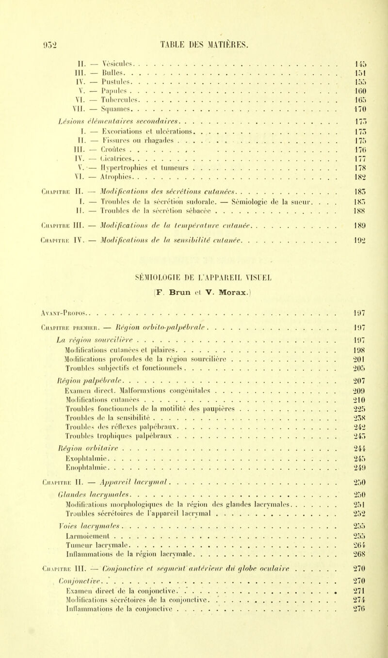 II. — Vésicules 145 III. — Bulles , 151 IV. — Pustules 155 V. — Papules 160 VI. — Tubercules 165 VII. — Squames 170 Lésions élémentaires secondaires 175 I. — Excoriations et ulcérations 175 II. — Eissures ou rhagades „ 175 III. — Croûtes 176 IV. — Cicatrices 177 V. — Hypertrophies et tumeurs 178 VI. — Atrophies 182 Chapitre II. — Modifications des sécrétions cutanées 185 I. — Troubles de la sécrétion sudorale. — Sémiologie de la sueur. . . . 185 II. — Troulilcs de la sécrétion sébacée 188 Chapitre III. — Modifications de la tempera (are cutanée 189 Chapitre IV. — Modifications de fa sensibilité cutanée 192 SEMIOLOGIE DE L'APPAREIL VISUEL (F. Brun cl V. Morax.) Avant-Propos 197 Chapitre premier. — Région orbito-palpëbrale 11)7 La région sourcilière 197 Modifications cutanées et pilaires 198 Modifications profondes de la région soureiliére 201 Troubles subjectifs et fonctionnels 205 Région palpébrale 207 Examen direct. Malformations congénitales '209 Modifications cutanées 210 Troubles fonctionnels de la motilité des paupières 225 Troubles de la sensibilité 258 Troubles des réflexes palpcbraux 242 Troubles trophiques palpébraux 245 Région orbitaire 244 Exophtalmie : . . . 245 Enophtalmie 249 Chapitre II. — Appareil lacrymal 250 Glandes lacrymales 250 Modifications morphologiques de la région des glandes lacrymales 251 Troubles sécrétoires de l'appareil lacrymal 252 Voies lacrymales 255 Larmoiement 255 Tumeur lacrymale 264 Inflammations de la région lacrymale 268 Chapitre III. — Conjonctive et segment antérieur du globe oculaire 270 Conjonctive. . 270 Examen direct de la conjonctive 271 Modifications sécrétoires de la conjonctive 274 Inflammations de la conjonctive 276