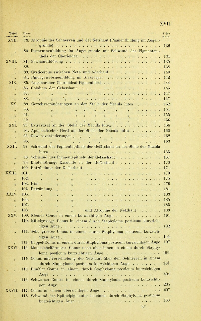 Tafel Figur Seite XVII. 79. Atrophie des Sehnerven und der Netzhaut (Pigmentbildung im Augen- grunde) 132 , 80. Pigmentneubildung im Augengrunde mit Schwund des Pigmentepi- thels der Ghorioidea ~ 134 XVIII. 81. jS'etzhautablösung 135 82. „ 138 „ 83. Cysticercus zwischen Netz- und Aderhaut 140 , 84. Bindegewebsneubildung im Glaskörper 142 XIX. 85. Angeborener Ghorioideal-Pigmentfleck 144 86. Colobom der Gefässhaut 145 87. , „ , 147 88. , , \ • .... 147 XX. 89. Gewebsveränderungen an der Stelle der Macula lutea 152 90 154 . 91. „ „ , , , , , 155 ,92. , , , , , , , 156 XXI. 93. Extravasat an der Stelle der Macula lutea 158 , 94. Apoplectischer Herd an der Stelle der Macula lutea 160 , 95. Gewebsveränderungen „ „ „ „ 162 , 96. , , , , „ , „ 163 XXII. 97. Schwund des Pigmentepithels der Gefässhaut an der Stelle der Macula lutea • 165 „ 98. Schwund des Pigmentepithels der Gefässhaut • . . 167 „ 99. Knotenförmige Exsudate in der Gefässhaut 170 „ 100. Entzündung der Gefässhaut 171 XXIII. 101. „ , , 173 , 102. , , , 175 , 103. Riss „ „ 179 , 104. Entzündung „ „ • 181 XXIV. 105. „ „ , 183 , 106. , „ , 185 , 107. „ „ , 185 108. , „ „ und Atrophie der Netzhaut 189 XXV. 109. Kleiner Conus in einem kurzsichtigen Auge 191 „ 110. Mittelgrossfr Conus in einem durch Staphyloma posticum kurzsich- tigen Auge 192 , III. Sehr grosser Conus in einem durch Staphyloma posticum kurzsich- tigen Auge 194 „ 112. Doppel-Gonus in einem durch Staphyloma posticum kurzsichtigen Auge 197 XXVI. 113. Mondsichelförmiger Conus nach oben-innen in einem durch Staphy- loma posticum kurzsichtigen Auge 199 „ 114. Conus mit Verschiebung der Netzhaut über den Sehnerven in einem durch Staphyloma posticum kurzsichtigen Auge 201 „ .115. Dunkler Conus in einem durch Staphyloma posticum kurzsichtigen Auge 204 , 116. Schwarzer Conus in einem durch Staphyloma posticum kurzsichti- gen Auge 205 XXVII. 117. Conus in einem übersichtigen Auge 207 118. Schwund des Epithelpigmentes in einem durch Staphyloma posticum kurzsichtigen Auge 208 b*