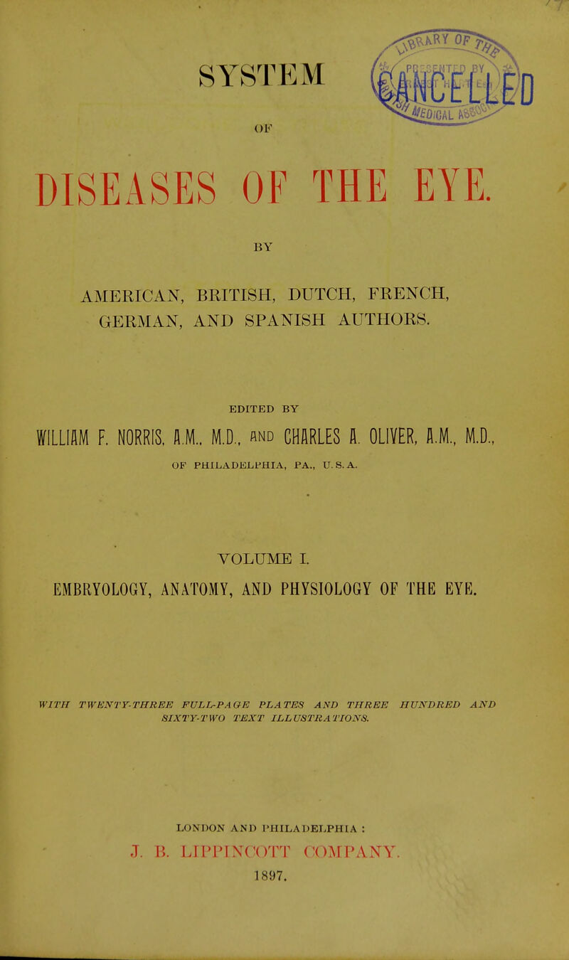 SYSTEM OF DISEASES OF THE EYE. BY AMERICAN, BRITISH, DUTCH, FRENCH, GERMAN, AND SPANISH AUTHORS. EDITED BY WILLIIIM F. NORRIS. fl.M.. M.D.. and CHARLES ft. OLIVER, A.M., M.D., OF PHILADELPHIA, PA., U.S.A. VOLUME I. EMBRYOLOGY, ANATOMY, AND PHYSIOLOGY OF THE EYE. WITH TWISNTY-THREE FULL-PAGE PLATES AND THREE HUNDRED AND SIXTY-TWO TEXT ILLUSTRATIONS. LONDON AND I'HILA DELPHI A : J. B. LIPPINCOTT COxMPANY. 1897.