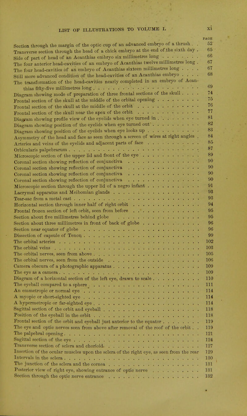 PAGE Section through the margin of the optic cup of an advanced embryo of a thrush . . 52 Transverse section through the head of a chick embryo at the end of the sixth day . 66 Side of part of head of an Acanthias embryo six millimetres long 66 The four anterior head-cavities of an embryo of Acanthias twelve millimetres long . 67 The four head-cavities of an embryo of Acanthias sixteen millimetres long .... 67 Still more advanced condition of the head-cavities of an Acanthias embryo .... 68 The transformation of the head-cavities nearly completed in an embryo of Acan- thias fifty-five millimetres long ^9 Diagram showing mode of preparation of three frontal sections of the skull .... 74 Frontal section of the skull at the middle of the orbital opening 75 Frontal section of the skull at the middle of the orbit 76 Frontal section of the skull near the apex of the orbit 77 Diagram showing profile view of the eyelids when eye turned in 81 Diagram showing position of the eyelids when eye turned out 82 Diagram showing position of the eyelids when eye looks up 83 Asymmetry of the head and face as seen through a screen of wires at right angles . 84 Arteries and veins of the eyelids and adjacent parts of face 85 Orbicularis palpebrarum 87 Microscopic section of the upper hd and front of the eye 89 Coronal section showing reflection of conjunctiva 90 Coronal section showing reflection of conjunctiva 90 Coronal section showing reflection of conjunctiva 90 Coronal section showing reflection of conjunctiva 90 Microscopic section through the upper lid of a negro infant 91 Lacrymal apparatus and Meibomian glands 93 Tear-sac from a metal cast 93 Horizontal section through inner half of right orbit 94 Frontal frozen section of left orbit, seen from before 95 Section about flve millimetres behind globe 95 Section about three millimetres in front of back of globe 96 Section near equator of globe 96 Dissection of capsule of Tenon 99 The orbital arteries 102 The orbital veins 103 The oi'bital nerves, seen from above 105 The orbital nerves, seen from the outside 106 Camera obscura of a photographic apparatus 109 The eye as a camera 109 Diagram of a horizontal section of the left eye, drawn to scale 110 The eyeball compared to a sphere Ill An emmetropic or normal eye 114 A myopic or short-sighted eye 114 A hypermetropic or far-sighted eye 114 Sagittal section of the orbit and eyeball 118 Position of the eyeball in the orbit 118 Frontal section of the orbit and eyeball just anterior to the equator 119 The eye and optic nerves seen from above after removal of the roof of the orbit . . 119 The palpebral opening 121 Sagittal section of the eye 124 Transverse section of sclera and chorioid 127 Insertion of the ocular muscles upon the sclera of the right eye, as seen from the rear 129 Intervals in the sclera 130 The junction of the sclera and the cornea 131 Posterior view of right eye, showing entrance of optic nerve 131 Section through the optic nerve entrance 132 •