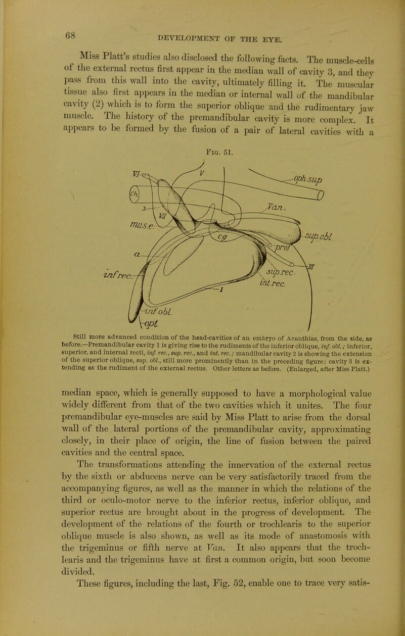 Miss Piatt's studies also disclosed the following facts. The muscle-cells of the external rectus first appear in the median wall of cavity 3, and they pass from this wall into the cavity, ultimately filling it. The muscular tissue also first appears in the median or internal wall of the mandibular cavity (2) which is to form the superior oblique and the rudimentary jaw muscle. The history of the premandibular cavity is more complex. It appears to be formed by the fusion of a pair of lateral cavities with a Fia. 51. StiU more advanced condition of the head-cavities of an embryo of Acanthias, from the side, as before—Premandibular cavity 1 is giving rise to the rudiments of the inferior oblique, ivf. oU.; inferior, superior, and internal recti, inf. rec, sup. rec, and int. rec.; mandibular cavity 2 is showing the extension of the superior oblique, sup. obi., still more prominently than in the preceding figure; cavity 3 is ex- tending as the rudiment of the external rectus. Other letters as before. (Enlarged, after Miss Piatt.) median space, which is generally supposed to have a morphological value widely different from that of the two cavities which it unites. The four premandibular eye-muscles are said by Miss Piatt to arise from the dorsal wall of the lateral portions of the premandibular cavity, approximating closely, in their place of origin, the line of fusion between the paired cavities and the central space. The transformations attending the innervation of the external rectus by the sixth or abducens nerve can be very satisfactorily traced from the accompanying figures, as well as the manner in which the relations of the third or oculo-motor nerve to the inferior rectus, inferior oblique, and superior rectus are brought about in the progress of development. The development of the relations of the fourth or trochlearis to the superior oblique muscle is also shown, as well as its mode of anastomosis with the trigeminus or fifth nerve at Van. It also appears that the troch- learis and the trigeminus have at first a common origin, but soon become divided. These figures, including the last. Fig. 52, enable one to trace very satis-
