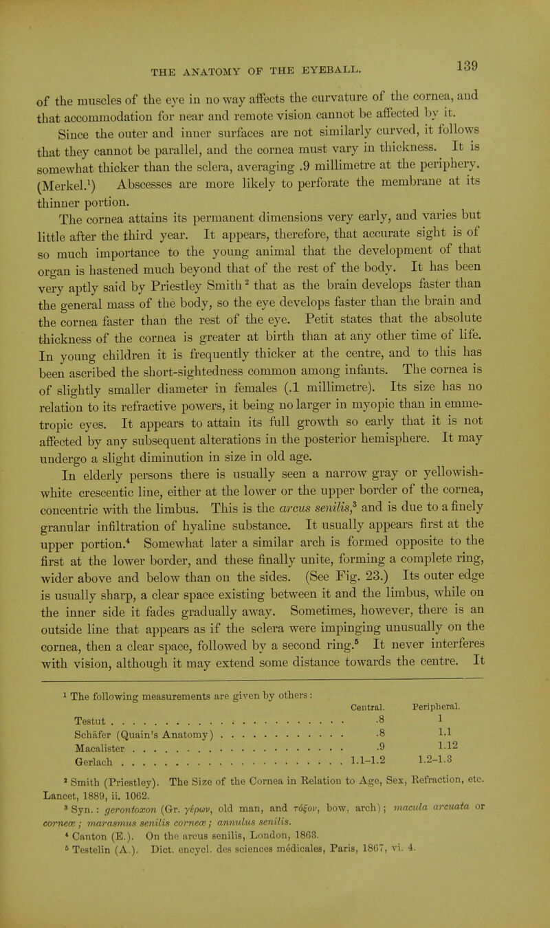 of the muscles of the eye in noway affects the curvature of the cornea, and that accommodation for near and remote vision cannot be affected by it. Since the outer and inner surfaces are not similarly curved, it follows that they cannot be parallel, and the cornea must vary in thickness. It is somewhat thicker than the sclera, averaging .9 millimetre at the periphery. (Merkel.^) Abscesses are more likely to perforate the membrane at its thinner portion. The cornea attains its permanent dimensions very early, and varies but little after the third year. It appears, therefore, that accurate sight is of so much importance to the young animal that the development of that organ is hastened much beyond that of the rest of the body. It has been very aptly said by Priestley Smith ^ that as the brain develops faster than the general mass of the body, so the eye develops faster than the brain and the cornea faster than the rest of the eye. Petit states that the absolute tiiickness of the cornea is greater at birth than at any other time of life. In young children it is frequently thicker at the centre, and to this has been ascribed the short-sightedness common among infants. The cornea is of slightly smaller diameter in females (.1 millimetre). Its size has no relation to its refractive powers, it being no larger in myopic than in emme- tropic eyes. It appears to attain its full growth so early that it is not affected by any subsequent alterations in the posterior hemisphere. It may undergo a slight diminution in size in old age. In elderly persons there is usually seen a narrow gray or yellowish- white crescentic line, either at the lower or the upper border of the cornea, concentric with the Kmbus. This is the arcus senilis,^ and is due to a finely granular infiltration of hyaline substance. It usually appears first at the upper portion.* Somewhat later a similar arch is formed opposite to the first at the lower border, and these finally unite, forming a complete ring, wider above and below than on the sides. (See Fig. 23.) Its outer edge is usually sharp, a clear space existing between it and the limbus, while on the inner side it fades gradually away. Sometimes, however, there is an outside line that appears as if the sclera were impinging unusually on the cornea, then a clear space, followed by a second ring.*^ It never interferes with vision, although it may extend some distance towards the centre. It 1 The following measurements are given by others : Testut Schafer (Quain's Anatomy) Macalister Gerlach » Smith (Priestley). The Size of the Cornea in Eelation to Age, Sex, Refraction, etc. Lancet, 1889, ii, 1062. ' Syn.: gerontoxon (Gr. yepuv, old man, and rd^ov, bow, arch); macula arcuata or cornecR ; marasmus senilis cornece; annulus senilis. * Canton (E.). On the arcus senilis, London, 1868. * Tcstelin (A.). Diet, encycl. des sciences medicales, Paris, 18G7, vi. i. Central. Peripheral. .8 1 .8 1.1 .9 1.12 1.1-1.2 1.2-1.3