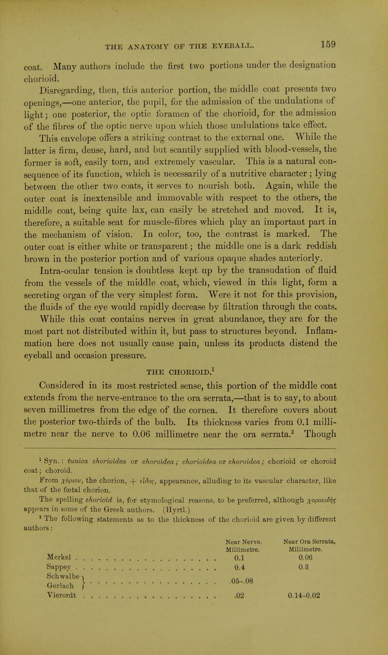 coat. Many authors include the first two portions under the designation chorioid. Disregarding, then, this anterior portion, the middle coat presents two openings,—one anterior, the pupil, for the admission of the undulations of light; one posterior, the optic foramen of the chorioid, for the admission of the fibres of the optic nerve upon which those undulations take effect. This envelope offers a striking contrast to the external one. While the latter is firm, dense, hard, and but scantily supplied with blood-vessels, the former is soft, easily torn, and extremely vascular. This is a natural con- sequence of its function, which is necessarily of a nutritive character; lying between the other two coats, it serves to nourish both. Again, while the outer coat is inextensible and immovable with respect to the others, the middle coat, being quite lax, can easily be stretched and moved. It is, therefore, a suitable seat for muscle-fibres which play an important part in the mechanism of vision. In color, too, the contrast is marked. The outer coat is either white or transparent; the middle one is a dark reddish brown in the posterior portion and of various opaque shades anteriorly. Intra-ocular tension is doubtless kept up by the transudation of fluid from the vessels of the middle coat, which, viewed in this light, form a secreting organ of the very simplest form. Were it not for this provision, the fluids of the eye would rapidly decrease by filtration through the coats. While this coat contains nerves in great abundance, they are for the most part not distributed within it, but pass to structures beyond. Inflam- mation here does not usually cause pain, unless its products distend the eyeball and occasion pressure. THE CHORIOID.^ Considered in its most restricted sense, this portion of the middle coat extends from the nerve-entrance to the ora serrata,—that is to say, to about seven millimetres from the edge of the cornea. It therefore covers about the posterior two-thirds of the bulb. Its thickness varies from 0.1 milli- metre near the nerve to 0.06 millimetre near the ora serrata.^ Though ^ Syn. : tunica chorioidea or choroidea; chorioidea ov choroidea; chorioid or choroid coat; choroid. From xopi'Ov, the chorion, -|- eMof, appearance, alluding to its vascular character, like that of the foetal chorion. The spelling chorioid is, for etymological reasons, to be preferred, although xopoecdi}{ appears in some of the Greek authors. (Hyrtl.) ' The following statements as to the thickness of the chorioid are given by different authors: Near Nerve. Near Ora Serrata, Millimetre. Millimetre. Merkel 0.1 0.06 Sappey 0.4 0.8 l 05-.08 Gerhich / Vierordt 02 0.14-0.02