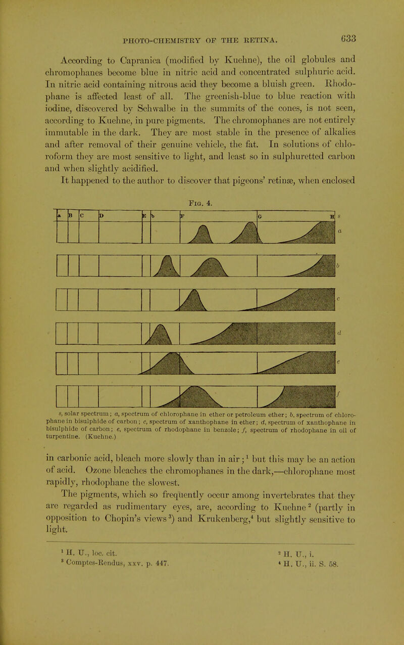 According to Capranica (modified by Kuchne), the oil globules and chromoplianes become blue in nitric acid and concentrated siilplmric acid. In nitric acid containing nitrous acid they become a bluish green. Ilhodo- phane is affected least of all. The greenish-blue to blue reaction with iodine, discovered by Schwalbe in the summits of the cones, is not seen, according to Kuehne, in pure pigments. The chromophanes are not entirely immutable in the dark. They are most stable in the presence of alkalies and after removal of their genuine vehicle, the fat. In solutions of clilo- roform they are most sensitive to light, and least so in sulphuretted carbon and when slightly acidified. It happened to the author to discover that pigeons' retinae, when enclosed Fig. 4. s, solar spectrum; a, spectrum of chlorophane in ether or petroleum ether; b, spectrum of chloro- phane in bisulphide of carbon; c, spectrum of xanthophane in ether; d, spectrum of xanthophane in bisulphide of carbon; e, spectrum of rhodophane in benzole; /, spectrum of rhodophane in oil of turpentine. (Kuehne.) in carbonic acid, bleach more slowly than in air ;^ but this may be an action of acid. Ozone bleaches the cliromophanes in the dark,—chlorophane most rapidly, rhodophane the slowest. The pigments, which so frequently occur among invertebrates that they are regarded as rudimentary eyes, are, according to Kueline^ (partly in opposition to Chopin's views ^) and Krukenberg,* but slightly sensitive to ligiit. ' H. U., loc. cit. » Comptes-Kendus, xxv. p. 447. ' II. v., i. «H. U., ii. S. 58.