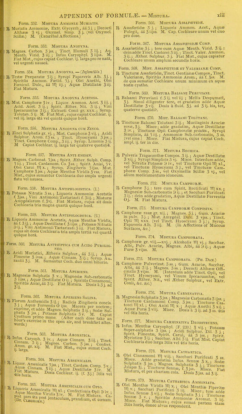 Form. 352. Mistura Ammonite Muriatis. R Muriatis Ammonite, Extr. Glycyrrh., aa3j. ; Decocti AUhaise 3 vj.; Oxymel. Simp. 3 j. (vel Oxymel. Scilla;.) M. (Catarrhal Affections.) Form. 353. Mistura Anodyna. R Magnes. Carbon. 3 jss.; Tinct. Humuli 3 iij.; Aq. Menth. Virid. 3 iij.; Infus. Caryophyl. 3 jss. M. Fiat Mist., cujus capiat Cochlear, ij. largapro re nata, vel urgenti nausea. Form. 354. Mistura Anodyna. — {Infantilis.) 5 Testa? Pra?parata; 3 ij-; Syrupi Papaveris Alb. 3j-; Spiritus Ammon. Foetid. 3 j.; Olei Anethi, Olei Fcenicul. Dulc, aa W\ iij.; Aqua? Distillata; 3iij- Fiat Mistura. Form. 355. Mistura Anodyna Acetosa. R Mist. Camphora; 3 iv.; Liquor. Ammon. Acet. 3 iij- j Acid. Acet. 3 ij.; Spirit, .ffither. Nit. 3 ij.; Vim Ipecacuanha; 3ij.; Extracti Conii gr. xxx.; Syrup. Tolutan. 3 ij. M. Fiat Mist., cujus capiat Cochlear, ij. vel iij. larga 4ta vel quinta quaque hora. Form. 356. Mistura Anodyna cum Zinco. R Zinci Sulphatis gr. vj.; Mist. Camphora; 3 vij.; Acidi Sulphur. Arom. f3ss. ; Tinct. Hyoscyami 3 jss.; Tinct. Camphora; Comp., 3 iij.; Syrup. Limonis 3 ij. M Capiat Cochlear, ij. larga ter quaterve quotidie. Form. 357. Mistura Anti-emgsin. R Magnes. Carbonat. 3jss.; Spirit. jEther. Sulph. Comp. 3 iij.; Tinct. Cardamom. Co. 3ss.; Spirit. Anisi, 3 v. Olei Carui 111 x.; Syrup. Zingiberis 3ijss. Mist. Camphora; 3jss.; Aqua; Mentha; Viridis 3vss. Fiat Mist., cujus sumantur Cochlearia duo ampla urgenti flatu vel nausea. Form. 358. Mistura Antipblocistica. (1.) R Potassa; Nitratis 3ss.; Liquoris Ammonia; Acetatis f. 3jss.; Vini Antimonii Tartarizati f. 5j.; Mistura; Amygdalarum f. 3vj. Fiat Mistura, cujus sit dosis Cochlearia tria magna quarta quaque hora. Form. 359. Mistura Antiphlocistica. (2.) R Liquoris Ammonite Acetatis, Aqua; Mentha; Viridis, aa t. 3 ij-; Aqua; Destillata: f. 3 iijss.; Potassa; Nitratis 3>j.; Vim Antimonii Tartarizati 3 iij. Fiat Mistura, cujus sit dosis Cochlearia tria ampla tertia vel quarta quaque hora. Form. 360. Mistura Antiseptica cum Acido Pyrolig- neo. R Acidi Muriatic!, iEtheris Sulphur., aa 3ij.; Aqua; Pimenta; 3 ivss.; Aqua; Cinnam. 3 ij.; Svrup Au rantii3j. M. Sumantur Coch. duo omni'bihorio. Form. 361. Mistura Aperiens. R Magnesia; Sulphatis 3 v.; Magnesia; Sub-carbonatis 3 njss ; Aqua; Destillata; O ij.; Spiritus Cinnamomi Sj>iritusAnisi,aa3ij. Fiat Mistura. Dosis a 3 j. ad Form. 362. Mistura Aperiens Sauna. ^ riorum Anthemidis 3 ij.; Radicis Zingiberis concis. 3 } ; Aqua; Ferventis O ijss. Macera per noctem; 1$%™%' ?l add?, Ma8n. Sulphatis 3 ij.; Soda; Sull phatis 3 jss. ; Potassa; Sulphatis 3 v. M. Capiat Cyathum prime mane. (After each dose take an wards ) Se 0pe air' and breakfa^ after- Form. 363. Mistura Aromatica. CinnamT?-11- * AqU!E Cinnam- Tinct. <-mnam. ■ Magnes. Carbon. 3 jss. ; Confcct Arom^gr. x,j. M. Fiat Mist., cujus sumat Coch.' R Li,, Form. 364, Mistura Aiisenicalis. i?ou£ ^rsen'call!.^jss.; Tinct. Cardam. Comp. 3v.; Fi d Mf. ? am- T^j-; A(,,a; Destillata! 3 iv. m! Form. 065. Mistura Arsenicaus cum Opio. (Dr. Cwaaon^f Je,ltaeulum. Pnmdium, et ccenam. Form. 366. Mistura Assafcetidje. R Assafcetida; 3 j.; Liquoris Ammon. Acet, Aquae Pulegii, aa 3 iijss. M. Cap. Cochleare unum vel duo pro dose. Form. 367. Mistura AssAFajTiDffi Comp. R Assafcetida; 5 j.; tere cum Aqua; Menth. Virid. 3 ij-: deinadde Tinct. Castorei 3 iij.; Tinct. Valer. Ammon. 3 ij.; Either. Sulphur. 3 j. Fiat Mist., cujus capiatur Cochleare unum amplum secundis horis. Form. 368. Mist. Assafcetidae et Valeriana; Comp. R Tinctura; Assafcetida;, Tinct. Gentiana;Compos., Tinct. Valeriana;, Spiritus Ammonia; Arom., aa f. 3ss. M. de qua sumatur Cochleare unum minimum ex aqua; tostae cyatho. Form. 369. Mistura Balsami Peruvian!. R Balsami Peruviani f. 3 ij. vel iij ; Mellis Despumati, 3j. Simul diligenter tere, et gradatim adde Aqua; Destillata; 3 vij. Dosis a. fluid. 3j- ad 3 ij-bis, ter, quaterve quotidie. Form. 370. Mist. Balsami Tolutani. R Tinctura; Balsami Tolutani 3 ij.; Mucilaginis Acacia; verie,3j. Misce; adde gradatim, Aqua; Destillata; 3 iv.; Tinctura; Opii Camphorata: pristin., Syrupi Simplicis, aa3iij.; Ammonia; Sub-carbonatis, 3 ss. (vel sine.) Misce. Fiat Mistura, cujus capiat Coch. am pi. ij. ter in die. Form. 371. Mistura Beciiica. R Pulveris Tragacantha: Compos. 3 ij.; Aqua; Destillata; 3 xij.; Syrupi Simplicis 3 vj. Misce. Interdum adde, vel Nitratis Potassa; 3 iv., vel Tinctura; OpiiB\ xl., vel Tinctura; Hyoscyami 3 j., vel Tinctura; Cam- phora; Comp. 3 ss., vel Oxymellis Scilla; 3 vj., vel alium medicamentum idoneum. Form. 372. Mistuka Camphors. R Camphora; 3j.: tere cum Spirit. Rectificati V\xx.; Magnesia; Sub-carbonatis 3 ij.; et Sacchari Purilicati 3 ij.: dein adde gradatim, Aqua; Destillata; Ferventis Oj. M. Fiat Mistura. Form. 373. Mistura Camphorae Composita. R Camphora; rasa; gr. xij.; Magnes. 3j.; Gum. Acacia; inpulv. 3j.; Mist. Amygdal. Dulc. 3 vjss.; Tinct. Opii 11\ xxx. (vel Tinct. Hyoscyami 3 j.); Syrup. Papaveris Alb. 3 iij. M. (In Affections of Mucous Surfaces, &c.) Form. 3~i. Mistura Camphorata. R Camphora; gr. viij.— xvj.; Alcoholis 111 vj.; Sacchar. Albi, Pulv. Acacia;, Magnes. Albi, aa 3 ij.; Aqua; Pura; 3 vijss. M. Form. 375. Mistura Camphorata. (Ph. Dan.) R Camphora; Pulverizat. 3 ss.; Gum. Acacia;, Sacchar Albi, aa 5 ij.; Magnes. 3ss.; Decocti Altha?a: Offi- cinalis 3 vijss. M. (Interdum adde Tinct. Opii, vel Tinct. Hyoscyami, vel Vinum Ipecacuanha;, vel Spirit. Esther. Nit., vel Either Sulphur., vel Extr Conn, &c. &c.) Form. 376. Mistura Carminativa. R Magnesia; Sulphatis 3 jss.; Magnesia; Carbonatis 5 ijss • linctunc Cardamomi Comp. 3 jss.; Tinctura; Cas! torei IIJ xl.; Olei Anisi 11] x.; Aqua; Anethi 3 xij • v\r6ari,3V1IJ- MiSCP- Do-a3ij.ad3s,4k Form. 377. Mistura Carminativa Deodstruens. R Infus. Mentha Caryophyl. (F. 239.) 3 vij.; Potassa; Super-sulphatis 3 ijss. ; Acidi Sulphur. Oil. 3 j • Spirit. Pimenta;, Spirit Carui, aa 3 jss. ; Spirit Myiistica; 3 ij.; Sacchar. Albi 3 ij. Fiat Mist. Capiat Cochlearia duo larga 3tiis vel 4tis horis t. n,F°T; 37u M,STt,RA Cathaetioa Ammoniata. R Ole, Mentha; Viridis 111 x.; Olei Mentha; Piperita 111 v.; Sacchari Punfloatl 3 iij. Misce- turn arlSo WC%'T S vij,; S.K.a. Sulphatis 3j?;' 1 incturso Serines 3 y. Spiritfla Ammonia; Arnmat i 111 Misce. Fiat Mistura; cujus sumat partem 4tam 3tns horis, donee alvus rcsponderit pnrtem 4tam