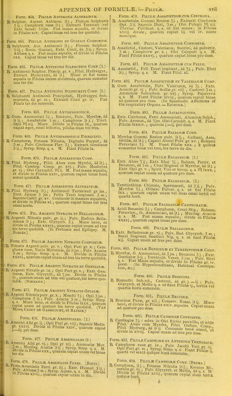 Form. 464. Piluljj Antimonii Alterative;. R Sulphur. Aureat. Antimon. 9j.; Florum Sulphuris 3 ij.; Camphone rasa? 3 j.; Extracti Taraxaci (vel Extr. Sarsae) 3 iijss. Fiat massa asqualis, et divide in Pilulas xcv. Capiat binas vel tres ter quotidie. Form. 465. Piluljg Antimonii et Guaiaci Composite. R Sulphuret. Aur. Antimonii 3j.; Florum Sulphur. 5 iij.; Resin. Guaiaci, Extr. Conii, aa 3 ij-; Syrup. Altha;a; q. s. Fiat massa asqualis, et divide in Pilulas cxx. Capiat binas vel tres ter die. Form. 466. Pilul* Antimonii Sulphureti Comp. (1.) R Antimonii Sulphur. Pra;cip. gr. v.; Pilul. Hydrargyr. Extract. Hyoscyami, aa 3j. Misce ut fiat massa a?qualis in Pilulas decern dividenda, quarum sumatur una ter die. Form. 467. Pilula Antimonii Sulphureti Comp. (2.) R Sulphureti Antimonii Pracipitati, Hydrargyri Sub- muriatis, aa gr. ss.; Extracti Conii gr. iv. Fiat Pilula ter die sumenda. Form. 468. Pilul* Antispasmodic*. R Gum. Ammoniaci 5j.; Benzoini, Pulv. Myrrhae, aa 3 ij.; Assafcetida; 3 ss.; Camphora; 3 j.; Tinct. Opii ITlxij. Misce. Divide in Pilulas lx., quarum capiat a;ger, omni trihorio, pilulas duas vel tres. Form. 469. Pilul* Antispasmodic* Pierqulnii. R Camphora;, Potassa; Nitratis, Digitalis Purpur., aa 3 ss.; Pulv. Cinchona; Flav. 3j.; Extract. Gentiana; 3 ij.; Syrup. Simp. q. s. M. Fiant Pilula; lx. Form. 470. Pilul* Aperientes Comp. R Pilul. Hydrarg., Pilul. Aloes cum Myrrha, aa 3 j Pilul. Cambog. Comp. gr. xvj.; Pulv. Mastiches gr. vj.; Olei Caryophil. 11] ij. M. Fiat massa sequalis, et divide in Pilulas xxiv., quarum capiat binas hora somni quotidie. Form. 471. Pilul* Aperientes Alterativ*. R Pilul. Hydrarg. 3j.; Antimonii Tartarizati gr. jss.; Extr. Jalapa: 3 jss.; Fellis Tauri inspissati 3 ss.; Saponis Castil. gr. xv. Contunde in massam squalen), et divide in Pilulas xl.; quarum capiat binas vel tres omni nocte. Form. 472. Pil. Argenti Nitratis et Belladonn*. R Argenti Nitratis pulv. gr. ij.; Pulv. Radicis Bella, donna; 3 j.; Extr. Glycyrrh. 3 j. Misce bene, et divide in Pilulas xxxvj.; quarum capiat unam ad tres bis terve quotidie. (In Pertussis and Epilepsy. M Bories.) Form. 473. Pilul* Argenti Nitratis Composit*. B Nitratis Argenti pulv. gr. v.. Opii Puri gr. x.; Cam- phora; rasa;, Nucis Myristica;, aa 3 jss.; Pulv. Acacia; 3 ss.; Syrup. Simp. q. s. M. Divide in Pilulas xxxvj., quarum capiat unam ad tres bis terve quotidie. Form. 474. Pilul* Argenti Nitratis et Gentian*. R Argenti Nitratis gr. ix.; Opii Puri gr. v.; Extr. Gen- tians, Extr. Glycyrrh., aa 3 jss. Divide in Pilulas lv., quarum unam ad tres vel quatuor.bis terve quo- tidie. (Niemann.) Form. 475. Pilul* Aroenti Nitratis Opiat*. R Argenti Nitratis pulv. gr.x.; Moschi 3j.; Opii 3 jss. • Camphora; 3 ij.; Pulv. Acacia; 3 ss.; Syrup. Simp q. s. Misce bene, et divide in Pilulas lxxx., quarum capiat unam ad quatuor bis terve quotidie. (Van Mons, Cadet de Gassicourt, et Ratier.) Form. 476. Pilul* Arsenicales. (1.) R Arsenici Albigr. ij j Opii Puri gr. viij.; Saponis Medic, gr. xxxvj. Divide in Pilulas xxiv., quarum capiat J.—nj. pro dose. F Form. 477. Pilul* Arsenicales (2.) A^!,,icirAllii Br\vj'' °P'li 8r- xiJ- 5 Ammonia; Mur. 3 s. ; Mucilag. Acacia; 3 ij.; Syrup. Simp. q. 8. M ter die S XXX'' quarum caP'at am vel binas Form. 478. Pilul* Arseniatis Ferri. (Biett) i. I Ai hT-3-ss-; S*ruP- Auran- <!■ 8- M. Divide > Pilulas xlviij., quarum capiat unam in die. Form. 479. Pilule Assafcstid* cum Cinchona. R Assafcetida; Gummi Resinse 3j.; Extracti Cinchona; Opt. 3 ij. Saponis Duri, 5ss.; Olei Pulegii 111 xij. Theriac. Purificat. q. s. ut fiat massa: in Pilulas xlviij. divide; quarum capiat iij. vel iv. nocte man^que. Form. 480. PiLULiE Assafcgtid* Composit*. R Assafcetid., Castore, Valeriana;, Succini, aa pulveriz. 3 ss.; Camphora; gr. x.; Olei Cajeputi q. s. M. Fiant Pilula; xxxvj.; quarum capiat binas pro dose. Form. 481. Pilul* Assafustid* cum Felle. R Assafcetid., Fell. Tauri inspissat, aa 3j.; Pulv. Rhei 3j.; Syrup, q. s. M. Fiant Pilul. xl. Form. 482. Pilul* Assafcstid* et Valerian* Comp. R Gum. Assafcetida;, Pulv. Valeriana;, aa 3j.; Extr. Aconiti gr. vj.; Pulv. Scilla; gr. viij.; Castorei 3 ss.; Ammonia; Subcarbon. gr. xvj.; Syrup. Papaveris q. s. M. Fiant Pilula; xlviij., quarum capiat binas ad quatuor pro dose. (In Spasmodic Affections of the respiratory Organs. — Richter.) Form. 483. Pilul* Astringentes. R Extr. Cinchona;, Ferri Ammoniati, Alumina; Sulph., Pulv. Aromat., aa 3jss. OleiCaryoph. q. s. M. Fiant Pilula; lxxxiv. ; quarum j.—ij. pro dose. Form. 484. Pilul* Balsam* Comp. R Myrrha; Gummi Resina; pulv. 3 ij.; Galbani, Assa- fcetida;, aa 3 j.; Capsici Annui Pulv. gr. xv.; Balsaini Peruviani 3j. M. Fiant Pilula; xxx. ; e quibus sumantur bina; vel tres, bis terve de die. Form. 485. Pilule Balsamic*. (1.) R Extr. Aloes 3 ij; Extr. Rhei 3j.; Balsam. Peruv. et Benzoini, aa 3 ss.; Croci Stigmat. et Myrrha;, aa 3 j.; Extr. Opii gr. v.; Spirit. Vini et Syrup, q. s. Ill lxxx.; quarum capiat unam ad quatuor pro dose. Form. 486. Pilul* Balsamic*. (2.) R Terebinthina; Chiensis, Spermaceti, aa 3 ij • Pulv Myrrha; 5j.; Olibani Pulver. q. s. ut fiat Pilula; lxx.; quarum capiat unam vel duas omni tertia vel quarta hora. Form. 487. Pilul* Balsamic* Campiiorat*. R AcidiBenzoini 3j.; Camphora;, Croci Stig., Balsam. Peruvian., G. Ammoniaci, aa 3 j,; Mucilag. Acacia; q. s. M. Fiat massa cequalis; divide in Pilulas xxxvj., quarum capiat binas pro dose. Form. 488. Pilul* Belladonna. R Extr. Belladonna; gr. vj.; Pulv. Rad. Glycyrrh 3 ss • Succi Inspissat. Sambuci Nig. q. s. ut fiant Pilulse xij. Capiat unam ad tres pro dose. Form. 489. Pilule Benzoin* et Terebinthin* Comp. R Myrrha;, G Ammoniaci, aa 3 jss.; Benzoini 3 j.; Extr Gentian* 3.j.; Terebinth. Venet. 3 jss. ; Pulv. Rhei q. s Fiat Massa a;quahs, et divide in Pilulas gr. iv f£n i. n Hypochondriasis, Habitual Conitipa- Form. 490. Pilul* Bismuthi. R Bismuthi Sub-nit, Castorei, aa gr j _ij • p,,i„ Glycyrrh. et Mellis q. s. ut fiant Pilula;'ij., t'ertiis vel' quartis lions sumenda;. * Form. 491. Pilul* Brucin*. R Brucina; Pura;, gr. xii.; Conserv. Rosar. 3 ij. Misce bene, et divide in Pilulas xxiv. rcquales. Capiat unam ad quatuor pro dose. * am Form. 492J Pilul* Cambogi* Composit* R Cambogia; 3J.: solve in Olei Ricini pauxillo, et adde Pi u . Aloes cum Myrrha, Pilul. Galban. Com,, Pilul Hydrarg., aa 3 ij. Contunde bene simul 'et divide in xlvnj. Capiat unam ad tres pro dose. Form. 493. Pilul* Camphor* et Antimonii Thebaiac* R Camphora; rasa; gr iv.; Pulv. Jacobi Veri Kr iii' Opii Pun gr. ss ; Syrup. Simp. q. s. Fiant PULlic H quarta vel sexta quaque hora sumenda;. J' Form. 494. Pilul* Camphor* Comp (Brera ) R Camphora', 3j. • Potassa; Nitratis 3 ij. • Kermcs Mi neralis gr. vj : Pulv. Glycyrrh. et Moll'isaaa « M 3% Zlma> XVJ qarUm du» f *