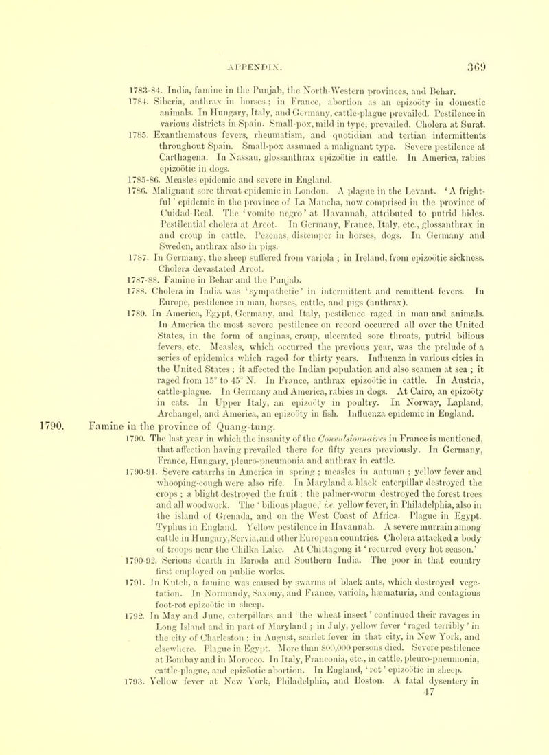 1783-84. India, famine in the Punjab, the North-Western provinces, and Behar. 1784. Siberia, anthrax in horses ; in France, abortion as an epizooty in domestic animals. In Hungary, Italy, and Germany, cattle-plague prevailed. Pestilence in various districts in Spain. Small-pox, mild in type, prevailed. Cholera at Surat. 1785. Exanthematous fevers, rheumatism, and quotidian and tertian intermittents throughout Spain. Small-pox assumed a malignant type. Severe pestilence at Carthagena. In Nassau, glossanthrax epizootic in cattle. In America, rabies epizootic in dogs. 1785-86. Measles epidemic and severe in England. 178G. Malignant sore throat epidemic in London. A plague in the Levant. 'A fright- ful ' epidemic in the province of La Mancha, now comprised in the province of Cuidad-Keal. The ' vomito negro' at Havannah, attributed to putrid hides. Pestilential cholera at Arcot. In Germany, France, Italy, etc., glossanthrax in and croup in cattle. Pezenas, distemper in horses, dogs. In Germany and Sweden, anthrax also in pigs. 1787. In Germany, the sheep suffered from variola ; in Ireland, from epizootic sickness. Cholera devastated Arcot. 1787-88. Famine in Behar and the Punjab. 1788. Cholera in India was 'sympathetic' in intermittent and remittent fevers. In Europe, pestilence in man, horses, cattle, and pigs (anthrax). 1789. In America, Egypt, Germany, and Italy, pestilence raged in man and animals. In America the most severe pestilence on record occurred all over the United States, in the form of anginas, croup, ulcerated sore throats, putrid bilious fevers, etc. Measles, which occurred the previous year, was the prelude of a series of epidemics which raged for thirty years. Influenza in various cities in the United States; it affected the Indian population and also seamen at sea ; it raged from 15° to 45° N. In France, anthrax epizootic in cattle. In Austria, cattle-plague. In Germany and America, rabies in dogs. At Cairo, an epizooty in cats. In Upper Italy, an epizooty in poultry. In Norway, Lapland, Archangel, and America, an epizooty in fish. Influenza epidemic in England. 1790. Famine in the province of Quang-tung\ 1790. The last year in which the insanity of the Convulsionnaires in France is mentioned, that affection having prevailed there for fifty years previously. In Germany, France, Hungary, pleuro-pneumonia and anthrax in cattle. 1790-91. Severe catarrhs in America in spring ; measles in autumn ; yellow fever and whooping-cough were also rife. In Maryland a black caterpillar destroyed the crops ; a blight destroyed the fruit; the palmer-worm destroyed the forest trees and all woodwork. The ' bilious plague,' i.e. yellow fever, in Philadelphia, also in the island of Grenada, and on the West Coast of Africa. Plague in Egypt. Typhus in England. Yellow pestilence in Havannah. A severe murrain among cattle in Hungary, Ser via, and other European countries. Cholera attacked a body of troops near the Chilka Lake. At Chittagong it 'recurred every hot season.' 1790-92. Serious dearth in Baroda and Southern India. The poor in that country first employed on public works. 1791. In Kutch, a famine was caused by swarms of black ants, which destroyed vege- tation. In Normandy, Saxony, and France, variola, lumnaturia, and contagious foot-rot epizootic in sheep. 1792. In May and June, caterpillars and ' the wheat insect' continued their ravages in Long Island and in part of Maryland ; in July, yellow fever ' raged terribly ' in the city of Charleston ; in August, scarlet fever in that city, in New York, and elsewhere. Plague in Egypt. More than 800,000 persons died. Severe pestilence at Bombay and in Morocco. In Italy, Franconia, etc., in cattle, pleuro-pneumonia, cattle-plague, and epizootic abortion. In England, ' rot' epizootic in sheep. 1793. Yellow fever at New York, Philadelphia, and Boston. A fatal dysentery in
