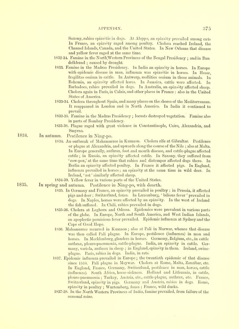 Saxony, rabies epizootic in dogs. At Aleppo, an epizooty prevailed among cats In France, an epizooty raged among poultry. Cholera reached Ireland, the Channel Islands, Canada, and the United States. In New Orleans that disease and yellow fever raged at the same time. 1832- 34. Famine in the North'Western Provinces of the Bengal Presidency ; and in Bun delkhund ; caused by drought. 1833. Famine in the Madras Presidency. In India an epizooty in horses. In Europe with epidemic disease in man, influenza was epizootic in horses. In Hesse, fragilitas ossium in cattle. In Antwerp, mollities ossium in those animals. In Bohemia, an epizooty affected hares. In Jamaica, cattle were affected. In Barbadoes, rabies prevailed in dogs. In Australia, an epizooty affected sheep. Cholera again in Paris, in Calais, and other places in France ; also in the United States of America. 1833- 34. Cholera throughout Spain, and many places on the shores of the Mediterranean. It reappeared in London and in North America. In India it continued to prevail. 1833-35. Famine in the Madras Presidency ; locusts destroyed vegetation. Famine also in parts of Bombay Presidency. 1833- 38. Plague raged with great violence in Constantinople, Cairo, Alexandria, and Smyrna. 183 t. In autumn. Pestilence in Ning-po. 1834. An outbreak of Mahamurree in Kumaon. Cholera rife at Gibraltar. Pestilence or plague at Alexandria, and upwards along the course of the Nile ; also at Malta. In Europe generally, anthrax, foot and mouth disease, and cattle-plague affected cattle; in Russia, an epizooty affected cattle. In Saxony, they suffered from ' cow-pox,' at the same time that rabies and distemper affected dogs there. In Berlin an epizooty affected poultry. In France it affected pigs. In England, influenza prevailed in horses ; an epizooty at the same time in wild deer. In Ireland, ' rot' similarly affected sheep. 1834- 39. Yellow fever in various parts of the United States. 1835. In spring and autumn. Pestilence in Ning-po, with dearth. 1835. In Germany and France, an epizooty prevailed in poultry ; in Prussia, it affected pigs and deer ; Switzerland, foxes. In Luxemburg, ' bilious fever ' prevailed in dogs. In Naples, horses were affected by an epizooty. In the west of Ireland the fish suffered. In Chili, rabies prevailed in dogs. 1835- 36. Cholera at Leghorn and Odessa. Epidemics were prevalent in various parts of the globe. In Europe, North and South America, and West Indian Islands, an apoplectic pernicious fever prevailed. Epidemic influenza at Sydney and the Cape of Good Hope. 1836. Mahamurree recurred in Kumaon ; also at Pali in Marwar, whence that disease was then called Pali plague. In Europe, pestilence (influenza) in man and horses. In Mecklenburg, glanders in horses. Germany, Belgium, etc., in cattle anthrax, pleuro-pneumonia, cattle-plague. India, an epizooty in cattle. Ger- many, variola, anthrax in sheep ; in England, epizooty in them. Ireland, swine- plague. Paris, rabies in dogs. India, in rats. 1837. Epidemic influenza prevailed in Europe; the twentieth epidemic of that disease since 1510. Pali plague in Meywar. Cholera at Rome, Malta, Zanzibar, etc. In England, France, Germany, Switzerland, pestilence in man, horses, cattle (influenza). South Africa, horse-sickness. Holland and Lithuania, in cattle, pleuro-pneumonia ; Turkey, Austria, etc., cattle-plague, anthrax, etc. France, Switzerland, epizooty in pigs. Germany and Austria, rabies in dogs. Rome, epizooty in poultry ; Wurtemberg, foxes ; France, wild ducks. 1837-38. In the North Western Provinces of India, famine prevailed, from failure of the seasonal rains.