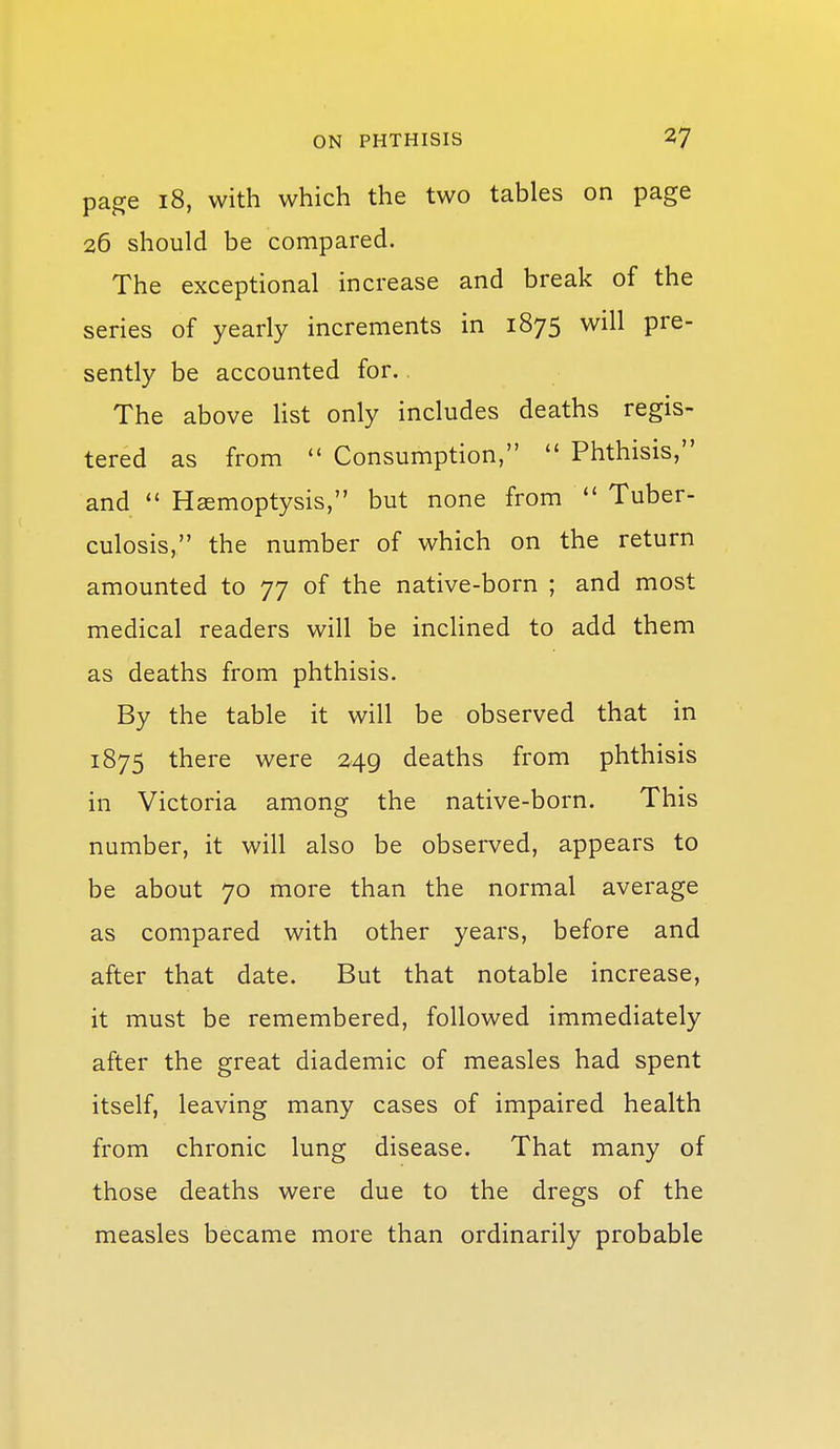 page 18, with which the two tables on page 26 should be compared. The exceptional increase and break of the series of yearly increments in 1875 will pre- sently be accounted for. The above Hst only includes deaths regis- tered as from  Consumption,  Phthisis, and  Haemoptysis, but none from  Tuber- culosis, the number of which on the return amounted to 77 of the native-born ; and most medical readers will be inchned to add them as deaths from phthisis. By the table it will be observed that in 1875 there were 249 deaths from phthisis in Victoria among the native-born. This number, it will also be observed, appears to be about 70 more than the normal average as compared with other years, before and after that date. But that notable increase, it must be remembered, followed immediately after the great diademic of measles had spent itself, leaving many cases of impaired health from chronic lung disease. That many of those deaths were due to the dregs of the measles became more than ordinarily probable