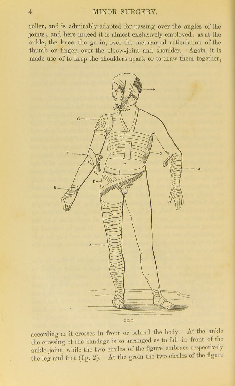 roller, and is admirably adapted for passing over the angles of the jomts ; and here indeed it is almost exclusively employed : as at the ankle, the knee, the gi'oin, over the metacarpal articulation of the thumb or finger, over the elbow-joint and shoulder. Again, it is made use of to keep the shoulders apart, or to draw them together. E lig. 2. according as it crosses in front or behind the body. At the ankle the crossing of the bandage is so arranged as to fall in front of the auldc-joint, while the two circles of the figure embrace rospectivel.y the leg and foot (fig. 2). At the groin the two circles of the figm-c