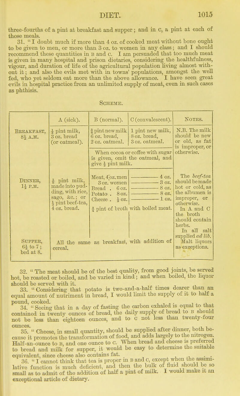 three-fourths of a pint at breakfast and supper ; and in c, a pint at each of those meals. 31. I doubt much if more than 4 oz. of cooked meat without bone ought to be given to men, or more than 3 oz. to women in any class; and I should recommend these quantities in B and c. I am persuaded that too much meat is given in many hospital and prison dietaries, considering the kealthfulness, vigour, and duration of life oi the agricultural population living almost with- out it; and also the evils met with in towns' populations, amongst the well fed, who yet seldom eat more than the above allowance. I have seen great evils in hospital practice from an unlimited supply of meat, even in such cases as phthisis. Scheme. Breakfast, 8i A.M. DEOsER, li P.M. Stjppee, Gi to 7; bed at 8. A (sick). B (normal). C (convalescent). Notes. ^ pint milk, 3 oz. bread (or oatmeal). £ pint milk, made into pud- ding, with rice, sago, &c.; or J pint beef-tea, i oz. bread. All the sam< cereal. f pint new milk 6 oz. bread, 2 oz. oatmeal. 1 pint new milk, 8 oz. bread, 3 oz. oatmeal. N.B. The milk should be new or old, as fat is improper, or otherwise. The beef-tea should be made hot or cold, as the albumen is improper, or otherwise. In A and C the broth should contain herbs. In all salt supplied ad lib. Malt liquors as- exceptions. When cocoa or coffee with sugar is given, omit the oatmeal, and give J pint milk. Meat, 4bz. men 3 oz. women Bread . 6 oz. Potato . 8oz. Cheese . £ oz. | pint of broth i as breakfast, i oz. 3 oz. 8 oz. 8 oz. 1 oz. with boiled meat, with addition of 32.  The meat should be of the best quality, from good joints, be served hot, be roasted or boiled, and be varied in kind; and when boiled, the liquor should be served with it. 33. Considering that potato is two-and-a-half tunes dearer than an equal amount of nutriment in bread, I would limit the supply of it to half a pound, cooked. , , . ., . , , 34.  Seeing that in a day of fasting the carbon exhaled is equal to that contained in twenty ounces of bread, the daily supply of bread to b should not be less than eighteen ounces, and to 0 not less than twenty-four OTU135S' Cheese, in small quantity, should be supplied after dinner, both be- cause it promotes the transformation of food, and adds largely to the nitrogen Half-an-ounce to b, and one ounce to c. When bread and cheese is preferred to bread and milk for supper, it would be easy to determine the suitable equivalent, since cheese also contains fat. „ , 3G.  I cannot think that tea is proper in B and c, except when the assimi- lative function is much deficient, and then the bulk of fluid should be so small as to admit of the addition of half a pint of milk. I would make it an exceptional article of dietary.