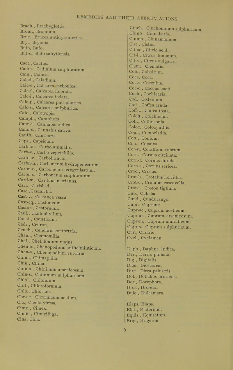 REMEDIES Brach., Hrachyj^dotUs. Brom., Broiiiium. Bruc, Brucea antidyseiiterica. Bry., Bryonia. Bufo, Bufo. Buf-s., Bufo sahytiensis. Cact., Cactus. Cadui., Cadiniuni sulphuratuni. Cain., Cainca. Calad., Caladium. Calc-c, Calcarea carbonica. Calc-f., Calcarea fluorata. Calc-i., Calcarea iodata. Calc-p., Calcarea phosphorica. Calc-s., Calcarea sulpliurica. Calo., Calotropis. Camph., Cainphora. Cann-i., Cannabis indica, Cann-s., Cannabis sativa. Canth., Cantharis. Caps., Capsicum. Carb-an., Carbo animalis. Carb-v., Carbo vegetabilis. Carb-ac, Carbolic acid. Carbn-h., Carboneum hydrogenisatum. Carbn-o., Carbouenm oxygenisatum. Carbn-s., Carboneum sulphuratum. Card-m.; Carduus marianus. Carl., Carlsbad. Casc.Cascarilla. Cast-v., Castanea vesca. Cast-eq., Castor equi. Castor., Castoreum. Caul., Caulophyllum. Caust., Causticum. Cedr., Cedron. Cench., Cenchris contortrix. Cham., Chamomilla. Chel., Chelidonium majus. Chen-a., Chenopodium anthelminticum. Chen-v., Chenopodium vulvaria. Chim., Chimaphila. Chin , China. Chin-a., Chininum arsenicosum. Chin-s., Chininum sulphuricum. Chlol., Chloralum. Chlf., Chloroformum. Chlo., Chlorum. Chr-ac, Chromicum acidum. Cic, Cicuta virosa. Cimx., Cimex. Cimic, Cimicifuga. Cina, Cina. ND THEIR ARIJREVIATIONS. Cinch., Cinchoninum sulphuricum. Cinnb , Ciniiabaris. Cinnm,, Cinnaniomum. Cist , Cistus. Cit-ac, Citric acid. Cit-1., Citrus limonuni. Cit-v., Citrus vulgaris. Clem., Clematis. Cob., Cobaltuni. CocH, Coca. Cocc, Cocculus. Coc-c, Coccus cacti. Coch., Cochlearia. Cod., Codeinuni. Coff., Coffea cruda. Coff-t., Coffea tosta. Colch., Colchicum. Coll., Collinsonia. Coloc, Coloc)mthis. Com., Comocladia. Con., Conium. Cop., Copaiva. Cor-r., Corallium rubrum. Com., Cornus circinata. Corn-f., Cornus florida. Corn-s., Cornus sericea. Croc, Crocus. Crot-h., Crotalus horridus. Crot-c, Crotalus cascavella. Crot-t., Croton tiglium. Cub., Cubeba. Cund., Cundurango. Cupr., Cuprum; Cupr-ac, Cuprum aceticum. Cupr-ar., Cuprum arsenicosum. Cupr-m., Cuprum muriaticum. Cupr-s., Cuprum sulphuricum. Cur., Curare. Cj'cl., Cyclamen. Daph., Daphne Indica. Der., Derris pinnata. Dig., Digitalis. Dios , Dioscorea. Dire, Dirca palustris. Dol., Dolichos pruriens. Dor , Doryphora. Dros., Dro.sera. Dulc, Dulcamara. Elaps, Elaps. Elat., Elaterium. Equis., Equisetum. Erig , Erigeron.