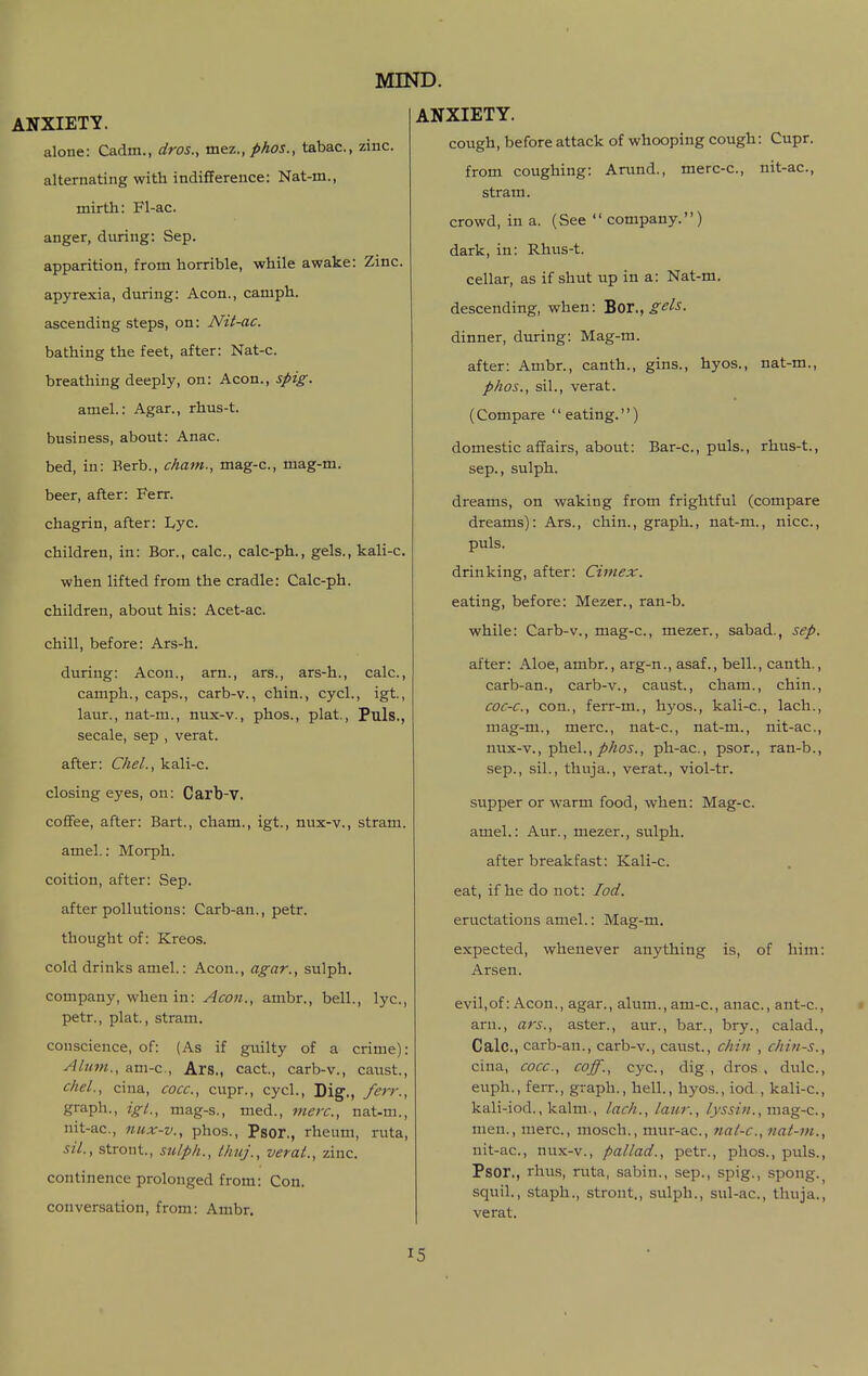 ANXIETY. alone: Cadm., dros., mez., phos., tabac, zinc, alternating with indifference: Nat-m., mirth: Fl-ac. anger, during: Sep. apparition, from horrible, while awake: Zinc, apyrexia, during: Aeon., camph. ascending steps, on: Nit-ac. bathing the feet, after: Nat-c. breathing deeply, on: Aeon., spig. amel.: Agar., rhus-t. business, about: Anac. bed, in: Berb., chant., mag-c, mag-m. beer, after: Pert, chagrin, after: Lye. children, in: Bor., calc, calc-ph., gels., kali-c. when lifted from the cradle: Calc-ph. children, about his: Acet-ac. chill, before: Ars-h. during: Aeon., arn., ars., ars-h., calc., camph., caps., carb-v., chin., cycl., igt., laur., nat-m., nux-v., phos., plat.. Puis., secale, sep , verat. after: Chel., kali-c. closing eyes, on: Carb-V. cofiFee, after: Bart., cham., igt., nux-v., stram. amel.: Morph. coition, after: Sep. after pollutions: Carb-an., petr. thought of: Kreos. cold drinks amel.: Aeon., agar., sulph. company, when in: Aeon., ambr., bell., lye., petr., plat, stram. conscience, of: {As if guilty of a crime): Alum., am-c, Ars,, cact, carb-v., caust., chel., cina, eocc, cupr., cycl.. Dig., /err., graph., igl., mag-s., med., mere, nat-m., nit-ac, nux-v., phos., Psor., rheum, ruta, sil., stront., sulph., thuj., verat., zinc. continence prolonged from: Con. conversation, from: Ambr. MIND. ANXIETY. cough, before attack of whooping cough: Cupr. from coughing: Arund., merc-c, nit-ac, stram. crowd, in a. (See  company.) dark, in: Rhus-t. cellar, as if shut up in a: Nat-m. descending, when: ZQX.^gel^- dinner, during: Mag-m. after: Ambr., canth., gins., hyos., nat-m., phos., sil., verat. (Compare eating.) domestic affairs, about: Bar-c, puis. Sep., sulph. rhus-t., dreams, on waking from frightful (compare dreams): Ars., chin., graph., nat-m., nice, puis. drinking, after: Cimex. eating, before: Mezer., ran-b. while: Carb-v., mag-c, mezer., sabad., sep. after: Aloe, ambr., arg-n., asaf., bell., canth., carb-an., carb-v., caust., cham., chin., coc-c, con., ferr-m., hyos., kali-c, lach., mag-m., mere, nat-c, nat-m., nit-ac, mix-v., phel.,/Aoj., ph-ac, psor., ran-b., Sep., sil., thuja., verat., viol-tr. supper or warm food, when: Mag-c. amel.: Aur., mezer., sulph. after breakfast: Kali-c. eat, if he do not: lod. eructations amel.: Mag-m. expected, whenever anything is, of him: Arsen. evil,of: Aeon., agar., alum., am-c, anac, ant-c, arn., ars., aster., aur., bar., bry., calad., Calc, carb-an., carb-v., caust., chin , chiii-s., cina, cocc, coff., eye, dig., dros , diilc, euph., ferr., graph., hell., hyos., iod., kali-c, kali-iod., kalm., lack., laur., lyssin., mag-c, men., mere, mosch., mur-ac, nal-c, nat-m., nit-ac, nux-v., pallad., petr., phos., puis., Psor., rhus, ruta, sabin., sep., spig., spong.^ squil., staph., stront., sulph., sul-ac, thuja., verat.