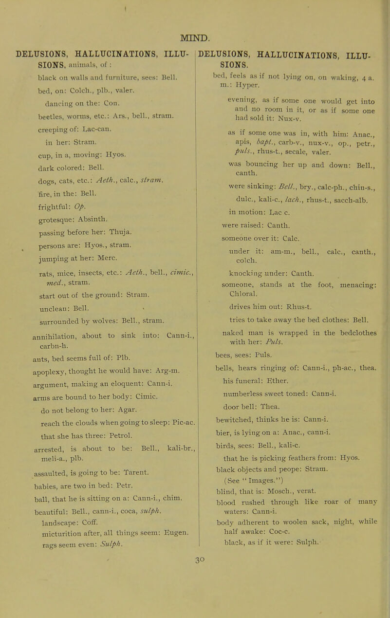 DELUSIONS, HALLUCINATIONS, ILLU- SIONS, animals, of : black on walls and fnrniture, sees: Bell, bed, on: Colch., plb., valer. dancing on the: Con. beetles, worms, etc.: Ars., bell., stram. creeping of: Lac-can. in her: Stram. cup, in a, moving: Hyos. dark colored: Bell, dogs, cats, etc.: Aelh., calc, strain. ■fire, in the: Bell, frightful: Op. grotesque: Absinth, passing before her: Thuja, persons are: H3'os., stram. jumping at her: Merc. rats, mice, insects, etc.: Aeth., bell., cimic, med., stram. start out of the ground: Stram. unclean: Bell. surrounded by wolves: Bell., stram. annihilation, about to sink into: Cann-i., carbn-h. ants, bed seems full of: Plb. apoplexy, thought he would have: Arg-m. argument, making an eloquent: Cann-i. arms are bound to her body: Cimic. do not belong to her: Agar. reach the clouds when going to sleep: Pic-ac. that she has three: Petrol. arrested, is about to be: Bell., kali-br., meli-a., plb. assaulted, is going to be: Tarent. babies, are two in bed: Petr. ball, that he is sitting on a: Cann-i., chim. beautiful: Bell., cann-i., coca, sulph. land.scape: Cofi. micturition after, all things seem: Eugen. rags seem even: Sulph. DELUSIONS, HALLUCINATIONS, ILLU- SIONS. bed, feels as if not lying on, on waking, 4 a. m.: Hyper. evening, as if some one would get into and no room in it, or as if some one had sold it: Nux-v. as if some one was in, with him: Anac, apis, bapt., carb-v., nux-v., op., petr., puis., rhus-t., secale, valer. was bouncing her up and down: Bell., canth. were sinking: Bell., bry., calc-ph., chin-s., dulc, kali-c, lack., rhus-t., sacch-alb. in motion: L,ac c. were raised: Canth. someone over it: Calc. under it: am-m., bell., calc, canth., colch. knocking under: Canth. someone, stands at the foot, menacing: Chloral. drives him out: Rhus-t. tries to take away the bed clothes: Bell. naked man is wrapped in the bedclothes with her: Puis. bees, sees: Puis. bells, hears ringing of: Cann-i., ph-ac, thea. his funeral: Ether, numberless sweet toned: Cann-i. door bell: Thea. bewitched, thinks he is: Cann-i. bier, isl3'ingon a: Anac, cann-i. birds, sees: Bell., kali-c. that he is picking feathers from: Hyos. black objects and peope: Stram. (See  Images.) blind, that is: Mosch., verat. blood rushed through like roar of many waters: Cann-i. body adherent to woolen sack, night, while half awake: Coc-c. black, as if it were: Sulph.