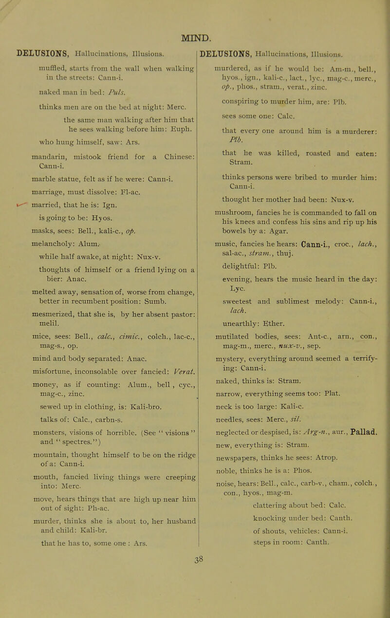 muffled, starts from the wall when walking in the streets: Ciuin-i. naked man in bed: Puis. thinks men are on the bed at night: Merc. the same man walking after him that he sees walking before him: Euph. who hung himself, saw: Ars. mandarin, mistook friend for a Chinese: Cann-i. marble statue, felt as if he were: Cann-i. marriage, must dissolve: Fl-ac. married, that he is: Ign. is going to be: Hyos. masks, sees: Bell., kali-c, op. melancholy: Alum.- while half awake, at night: Nux-v. thoughts of himself or a friend lying on a bier: Anac. melted away, sensation of, worse from change, better in recumbent position: Sumb. mesmerized, that she is, by her absent pastor: melil. mice, sees: Bell., cole, civiic, colch., lac-c, mag-s., op. mind and body separated: Anac. misfortune, inconsolable over fancied: Verat. money, as if counting: Alum., bell , eye, mag-c, zinc. sewed up in clothing, is: Kali-bro. talks of: Calc, carbn-s. monsters, visions of horrible. (,See  visions  and  spectres.) mountain, thought himself to be on the ridge of a: Cann-i. mouth, fancied living things were creeping into: Merc. move, hears things that are high up near him out of sight: Ph-ac. murder, thinks she is about to, her husband and child: Kali-br. that he has to, some one : Ars. murdered, as if he would be: Am-m., bell., hyos., ign., kali-c, lact, lye, mag-c, mere, op., phos., strani., verat, zinc. conspiring to murder him, are: Plb. sees some one: Calc. that every one around him is a murderer: Plb. that he was killed, roasted and eaten: Strara. thinks persons were bribed to murder him: Cann-i. thought her mother had been: Nux-v. mushroom, fancies he is commanded to fall on his knees and confess his sins and rip up his bowels by a: Agar. music, fancies he hears: Cann-i., croc, lach., sal-ac, strain., thuj. delightful: Plb. evening, hears the music heard in the day: I^yc sweetest and sublimest melody: Cann-i., lack. unearthly: Ether. mutilated bodies, sees: Ant-c, arn., con., mag-m., mere, nux-v., sep. mystery, everything around seemed a terrify- ing: Caun-i. naked, thinks is: Stram. narrow, everything seems too: Plat. neck is too large: Kali-c. needles, sees: Merc, sil. neglected or despised, is: Arg-n., aur., Pallad. new, everything is: Stram. newspapers, thinks lie sees: Atrop. noble, thinks he is a: Phos. noise, hears: Bell., calc, carb-v., cham., colch., con., hyos., mag-m. clattering about bed: Calc. knocking under bed: Canth. of shouts, vehicles: Cann-i. steps in room: Canth.