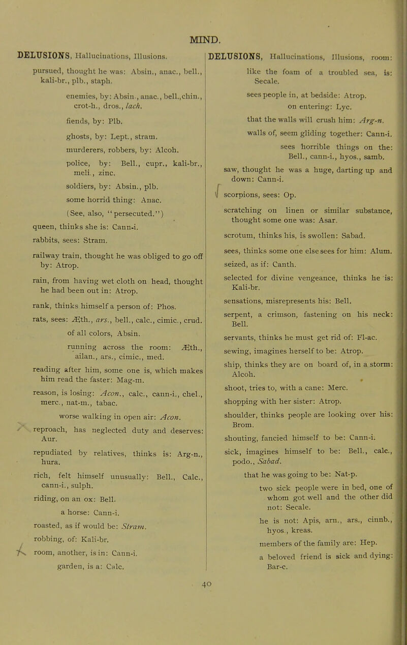 pursued, thought he was: Absin., anac, bell., kali-br., plb., staph. enemies, by; Absin., anac, bell.,chin., crot-h., dros., lach, fiends, by: Plb. ghosts, by: Lept, stram. murderers, robbers, by: Alcoh. police, by: Bell., cupr., kali-br., meli., zinc. soldiers, by: Absin., plb. some horrid thing: Anac. (See, also, persecuted.) queen, thinks she is: Cann-i. rabbits, sees: Stram. railway train, thought he was obliged to go off by: Atrop. rain, from having wet cloth on head, thought he had been out in: Atrop. rank, thinks himself a person of: Phos. rats, sees: ^th., ars., bell., calc, cimic, crud. of all colors, Absin. running across the room: ^th., ailan., ars., cimic, med. reading after him, some one is, which makes him read the faster: Mag-m. reason, is losing: Aeon., calc, cann-i., chel., mere, nat-m., tabac. worse walking in open air: Aeon. reproach, has neglected duty and deserves: Aur. repudiated by relatives, thinks is: Arg-n., hura. rich, felt himself unusually: Bell., Calc, cann-i., sulph. riding, on an ox: Bell. a horse: Cann-i. roasted, as if would be: Stram. robbing, of: Kali-br. room, another, is in: Cann-i. garden, is a: ChIc. like the foam of a troubled sea, is: Secale. sees people in, at bedside: Atrop. on entering: Lyc. that the walls will crush him: Arg-n. walls of, seem gliding together: Cann-i. sees horrible things on the: Bell., cann-i., hyos., samb. saw, thought he was a huge, darting u.p and down: Cann-i. scorpions, sees: Op. scratching on linen or similar substance, thought some one was: Asar. scrotum, thinks his, is swollen: Sabad. sees, thinks some one else sees for him: Alum, seized, as if: Canth. selected for divine vengeance, thinks he is: Kali-br. sensations, misrepresents his: Bell. serpent, a crimson, fastening on his neck: Bell. servants, thinks he must get rid of: Fl-ac. sewing, imagines herself to be : Atrop. ship, thinks they are on board of, in a storm: Alcoh. shoot, tries to, with a cane: Merc. shopping with her sister: Atrop. shoulder, thinks people are looking over his: Brom. shouting, fancied himself to be: Cann-i. sick, imagines himself to be: Bell., calc, podo., Sabad. that he was going to be: Nat-p. two sick people were in bed, one of whom got well and the other did not: Secale. he is not: Apis, arn., ars., cinnb., hyos., kreas. members of the family are: Hep. a beloved friend is sick and dying: Bar-c.