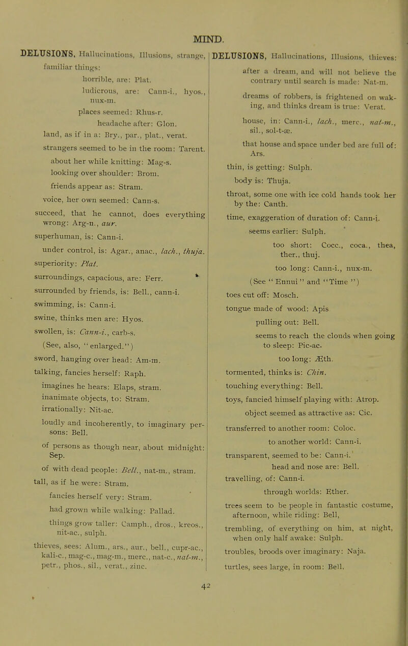 DELUSIONS, Hallucinations, Illusions, strange, familiar things: horrible, are: Plal. ludicrous, are: Caiin-i., hyos., nux-in. places seemed: Rhus-r. headache after: Glon. land, as if in a: Bry., par., plat., verat. strangers .seemed to be in the room: Tarent. about her while knitting: Mag-s. looking over shoulder: Brom. friends appear as: Stram. voice, her own seemed: Cann-s. succeed, that he cannot, does everything wrong: Arg-u., aur. superhuman, is: Cann-i. under control, is: Agar., anac, lack., thuja. superiority: Plat. surroundings, capacious, are: Ferr. * surrounded by friends, is: Bell., cann-i. swimming, is: Cann-i. swine, thinks men are: Hyos. swollen, is: Cann-i., carb-s. (See, also, enlarged.) sword, hanging over head: Am-m. talking, fancies herself: Raph. imagines he hears: Elaps, stram. inanimate objects, to: Stram. irrationally: Nit-ac. loudly and incoherently, to imaginary per- sons: Bell. of persons as though near, about midnight: Sep. of with dead people: Bell., nat-m., stram. tall, as if he were: Stram. fancies herself very: Stram. had grown while walking: Pallad. things grow taller: Camph., dros., kreos., nit-ac, sulph. thieves, sees: Alum., ars., aur., bell., cupr-ac, kali-c, mag-c, niag-m., mere, nat-c, «a^-W2., petr., phos., sil., verat., zinc. DELUSIONS, Hallucinations, Illusions, thieves: after a dream, and will not believe the contrary until search is made: Nat-m. dreams of robbers, is frightened on wak- ing, and thinks dream is true: Verat. house, in: Cann-i., lack., mere, nat-m., sil., sol-t-iE. that house and space under bed are full of: Ars. thin, is getting: Sulph. body is: Thuja. throat, some one with ice cold hands took her by the: Canth. time, exaggeration of duration of: Cann-j. seems earlier: Sulph. too short: Cocc, coca., thea, ther., thuj. too long: Cann-i., nux-m. (See Ennui and Time ) toes cut off: Mosch. tongue made of wood: Apis pulling out: Bell. seems to reach the clouds when going to sleep: Pic-ac. too long: JS,\h. tormented, thinks is: Chin. touching everything: Bell. toys, fancied himself plaj'ing with: Atrop. object seemed as attractive as: Cic. transferred to another room: Coloc. to another world: Cann-i. transparent, seemed to be: Cann-i.' head and nose are: Bell, travelling, of: Cann-i. through worlds: Ether. trees seem to be people in fantastic costume, afternoon, while riding: Bell, trembling, of everything on him, at night, when only half awake: Sulph. troubles, broods over imaginary: Naja. turtles, sees large, in room: Bell.