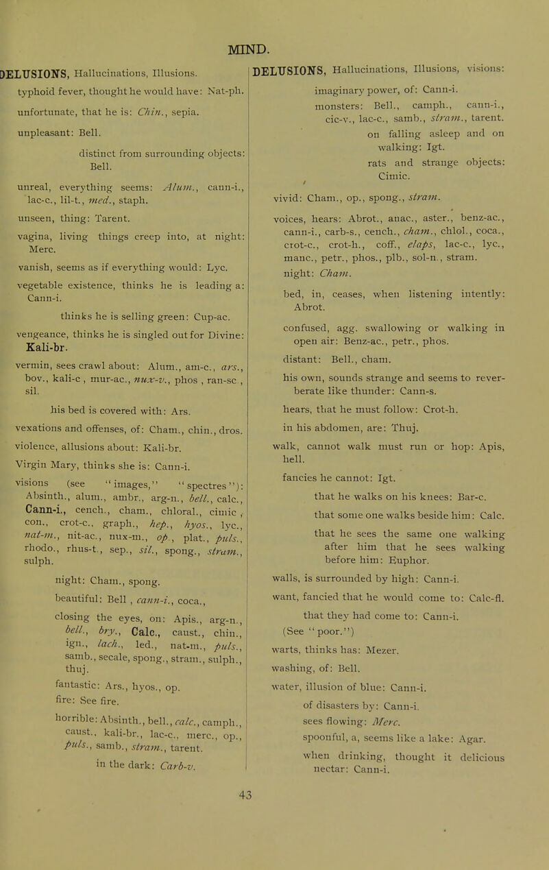 typhoid fever, thought he would have: Nat-ph. unfortunate, that he is: Chin., sepia. unpleasant: Bell. distinct from surrounding objects: Bell. MIND. DELUSION'S, Hallucinations, Illusions, visions: imaginary power, of: Cann-i. monsters: Bell., camph., cann-i., cic-v., lac-c, samb., strain., tarent. on falling asleep and on walking: Igt. rats and strange objects: Cimic. unreal, everything seems: Alum., caun-i., lac-c, lil-t., med., staph. unseen, thing: Tarent. vagina, living things creep into, at night: Merc. vanish, seems as if everything would: Lyc. vegetable existence, thinks he is leading a: Cann-i. thinks he is selling green: Cup-ac. vengeance, thinks he is singled out for Divine: Kali-br. vermin, sees crawl about: Alum., am-c, ars., bov., kali-c , mur-ac, 7iux-v., phos , ran-sc , sil. his bed is covered with: Ars. vexations and offenses, of: Cham., chin., dros. violence, allusions about: Kali-br. Virgin Mary, thinks she is: Cann-i. visions (see images, spectres) Absinth., alum., ambr., arg-n., bell., calc. Cann-i., cench., cham., chloral., cimic con., crot-c, graph., hep., hyos., lyc. nat-m., nit-ac, nux-m., op., plat., puis. rhodo., rhus-t., sep., sil., spong., strum. sulph. night: Cham., spong. beautiful: Bell , cann-i., coca., closing the eyes, on: Apis., arg-n., bell., bry., Calc, caust., chin., ign., lack., led., nat-m., puis., samb., secale, spong., stram., siilph., thuj. fantastic: Ars., hyos., op. fire: See fire. horrible: Absinth., bell., ra/r., camph., caust., kali-br., lac-c, mere, op., puis., samb., strain., tarent. in the dark: Carb-v. vivid: Cham., op., spong., strain. voices, hears: Abrot., anac, aster., benz-ac, cann-i., carb-s., cench., cham., chlol., coca., crot-c, crot-h., coif., elaps, lac-c, lyc, mane, petr., phos., plb., sol-n., stram. night: Cham. bed, in, ceases, when listening intently: Abrot. confused, agg. swallowing or walking in open air: Benz-ac, petr., phos. distant: Bell., cham. his own, sounds strange and seems to rever- berate like thunder: Cann-s. hears, that he must follow: Crot-h. in his abdomen, are: Thuj. walk, cannot walk must run or hop: Apis, hell. fancies he cannot: Igt. that he walks on his knees: Bar-c. that some one walks beside him: Calc. that he sees the same one walking after him that he sees walking before him: Euphor. walls, is surrounded by high: Cann-i. want, fancied that he would come to: Calc-fl. that they had come to: Cann-i. (See poor.) warts, thinks has: Mezer. washing, of: Bell. water, illusion of blue: Cann-i. of disasters by: Cann-i. sees flowing: Merc. spoonful, a, seems like a lake: Agar. when drinking, thought it delicious nectar: Cann-i.