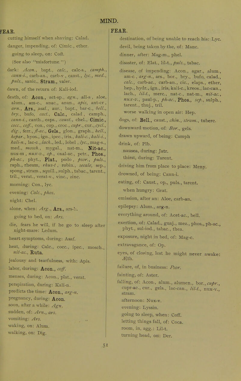 FEAE. cutting himself when shaving: Calad. danger, impending, of: Cimic., ether. going to sleep, on: Coft. (See also misfortune.) dark: Aeon., bapt., calc, calc-s., camph., cann-i., carb-an., carb-v , caust., lye, rned., puis., sanic, Stram., valer. dawn, of the return of: Kali-iod. death, of: Acon., act-sp., agn., all-s , aloe, alum., am-c, anac, anan., apis, ant-cr, am., Ars., ^saf., aur., bapt., bar-c, bell., bry., bufo, cacL, Calc, calad , camph., cann-i., canth., caps., caiisi., chel., Cimic, cocc, coff., con., cop., croc, cupr., cur., cycl., dig., ftri., fl-ac. Gels., glon., graph., hell., hepar., hyos., ign., ipec, iris., kali-c.,kali-i., kali-n., lac-c, lack., led., lobel , lye, mag-s., med., mosch., mygal., nat-m., Nit-ac, mx-^-m , nux-v., op., oxal-ac, petr., Phos., ph-ac, phyt.. Plat., podo , psor., puis., raph., rheum, rhus-t , robin., secale, sep., spong., stram., squill., sulph., tabac, tarent., tril., verat., verat-v., vine, zinc. morning: Con., lyc. evening: Calc, phos. night: Chel. alone, when: Arg., Ars., ars-h. going to bed, on: Ars. die, fears he will, if he go to sleep after night-mare: Ledum. heart symptoms, during: Asaf. heat, during: Calc, cocc, ipec, mosch., nit-ac., Ruta. jealousy and tearfulness, with: Apis, labor, during: Acon., coff. menses, during: Acon., plat., verat. perspiration, during: Kali-n. predicts the time: Acon., arg-n. pregnancy, during: Acon. soon, after a while: Agn. sudden, of: Am., ars. vomiting: Ars. waking, on: Alum, walking, on: Dig. FEAR. destination, of being unable to reach his: Lyc. devil, being taken by the, of: Mane. dinner, after: Mag-m., phel. disaster, of: Elat., lil-t., puis., tabac. disease, of impending: Acon., agar., alum., &xa.-Q.., arg-n., axs., bor., bry., bufo, calad., calc, carb-ac, carb-an., cic, elaps., ether, hep., hydr., ign., iris, kali-c, kreos., lac-can., lach., lil-t., mere, nat-c, nat-m., nit-ac, nux-v., paul-p., ph-ac, Phos., sep., sulph., tarent., thuj., tril. worse walking in open air: Hep. dogs, of: Bell., canst., chin., strain., tuberc. downward motion, of: Bor., gels, drawn upward, of being: Camph drink, of: Plb. nausea, during: Jatr. thirst, during: Tarent. driving him from place to place: Meny. drowned, of being: Cann-i. eating, of: Caust, op., puis., tarent. when hungry: Grat. emission, after an: Aloe, carb-an. epilepsy: Alum., arg-n. everything around, of: Acet-ac, bell. exertion, of: Calad., guaj., mez., phos., ph-ac, phyt., sul-iod., tabac, thea. exposure, night in bed, of: Mag-c. extravagance, of: Op. eyes, of closing, lest he might never awake- ^th. failure, of, in business: Psor. fainting, of: Aster. falling, of: Acon., alum., alumen., hor., cupr., cupr-ac, cur., gels., lac-can., lil-t., nux-v., stram. afternoon: Nux-v. evening: Lyssin. going to sleep, when: Coff. letting things fall, of: Coca, room, in, agg.: Lil-t. turning head, on: Der.